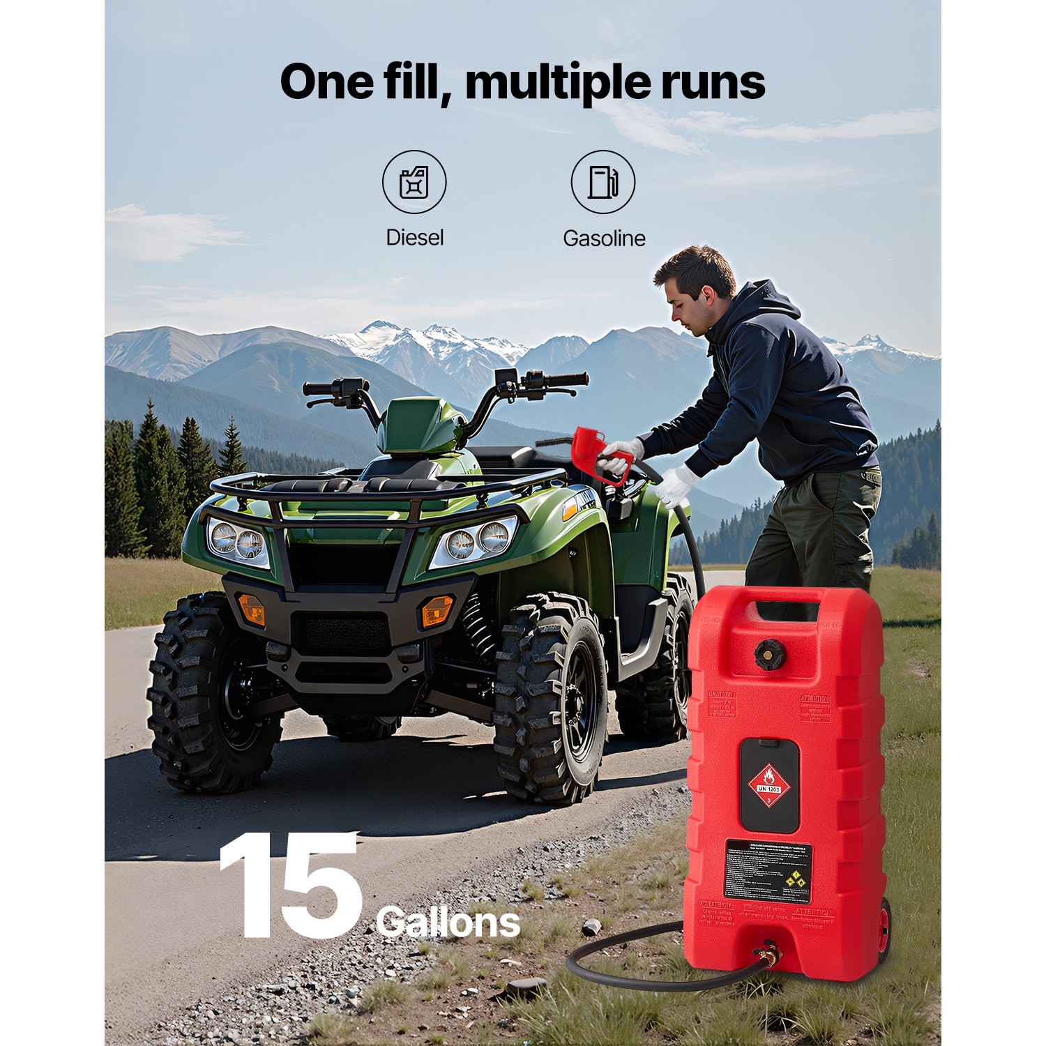 Fuel Caddy 15 Gallon Portable Fuel Tank with Gravity & Hand Pump Modes