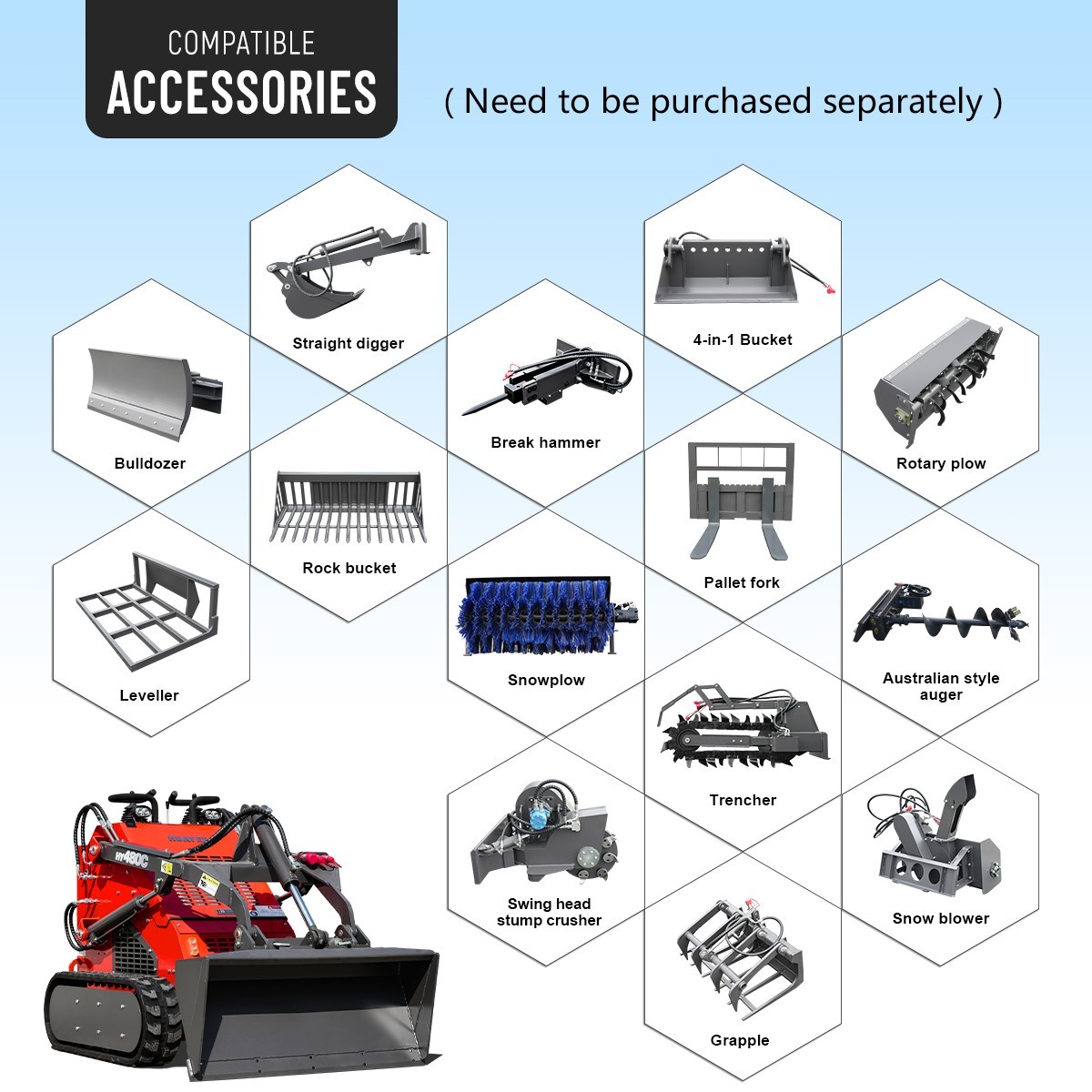 HUAYEE Free Shiping Crawler Mini Skid Steer Loader with EPA 23HP Engine in USA