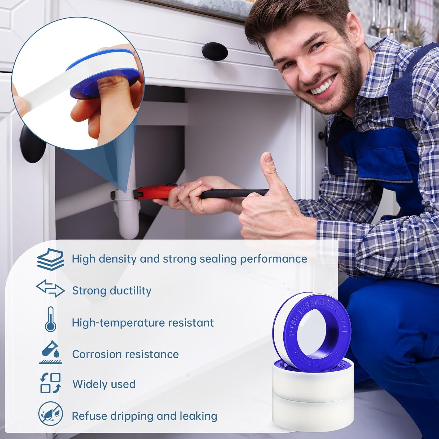 6 Rolls Premium Plumbers Tape, Teflon Tape, PTFE Thread Seal Tape, High-Density