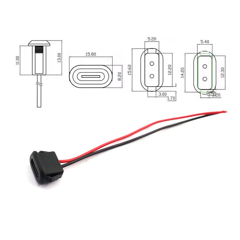 USB C Power Connector Female USB-C Port Panel Mount