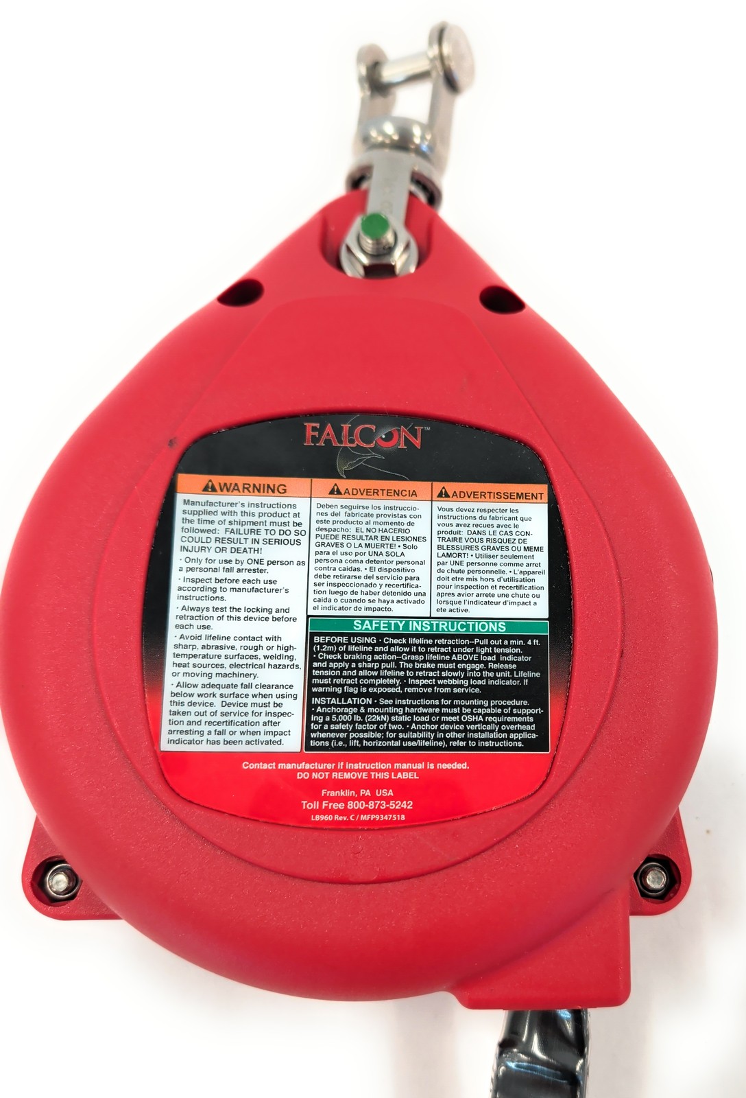 Miller Falcon MP20P-Z7/20FT Self-Retracting Lifeline 20ft 400lb Capacity SRL