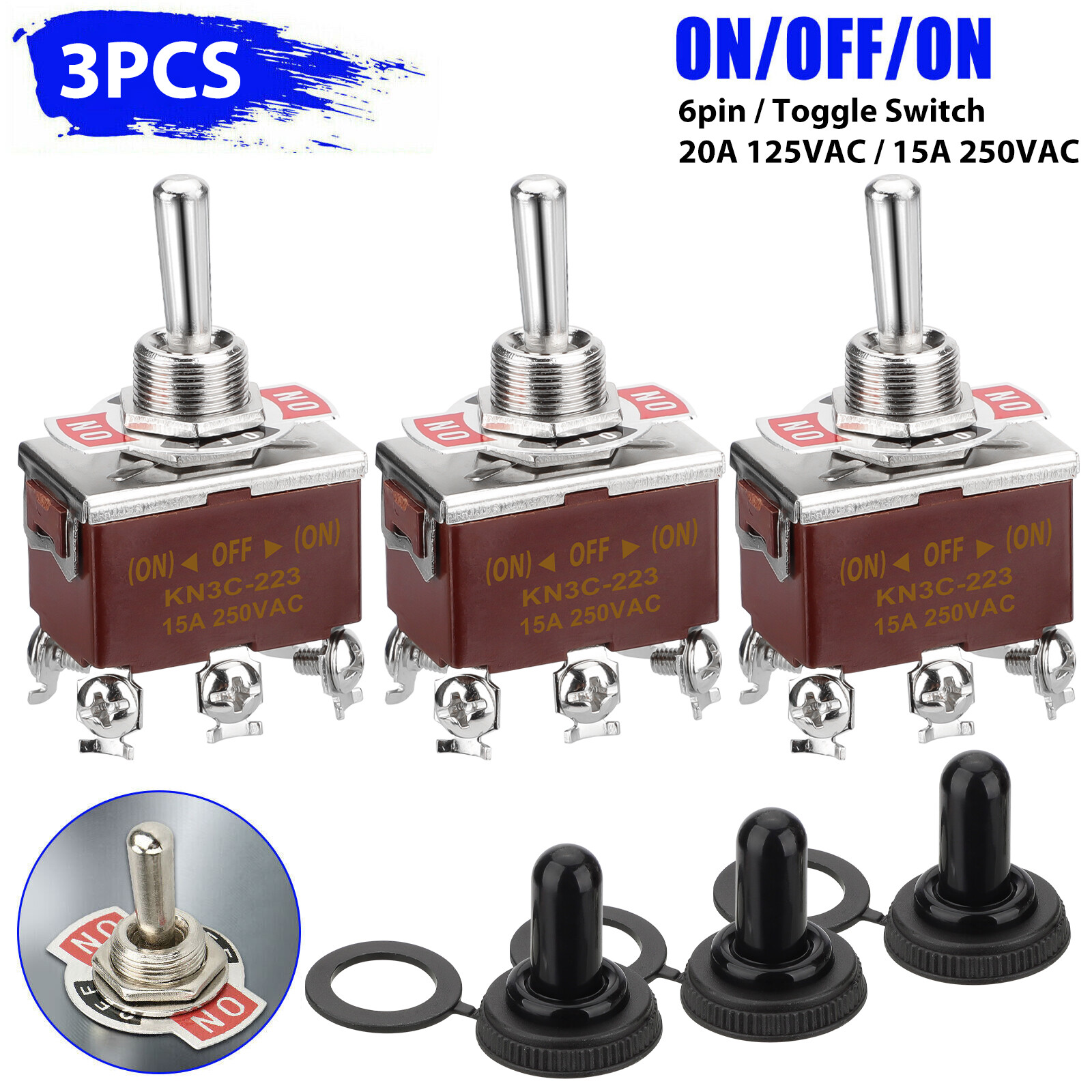 3pcs 6Pin Heavy Duty Momentary DPDT ON/OFF/ON Toggle Switch 20A 125V Waterproof