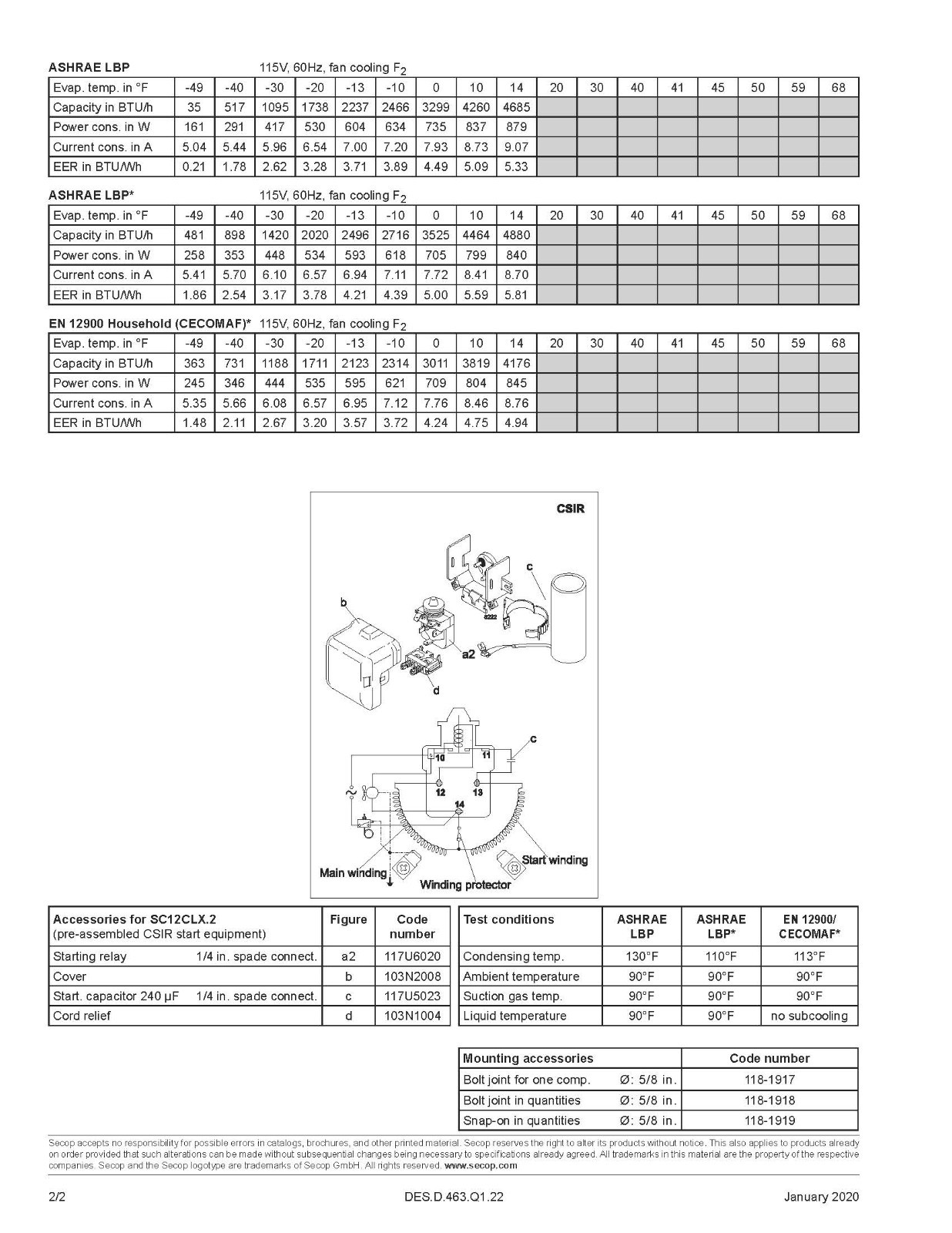 SECOP COMPRESSORS SC12CLX.2 115V R404 LBP/MBP 1/2 HP