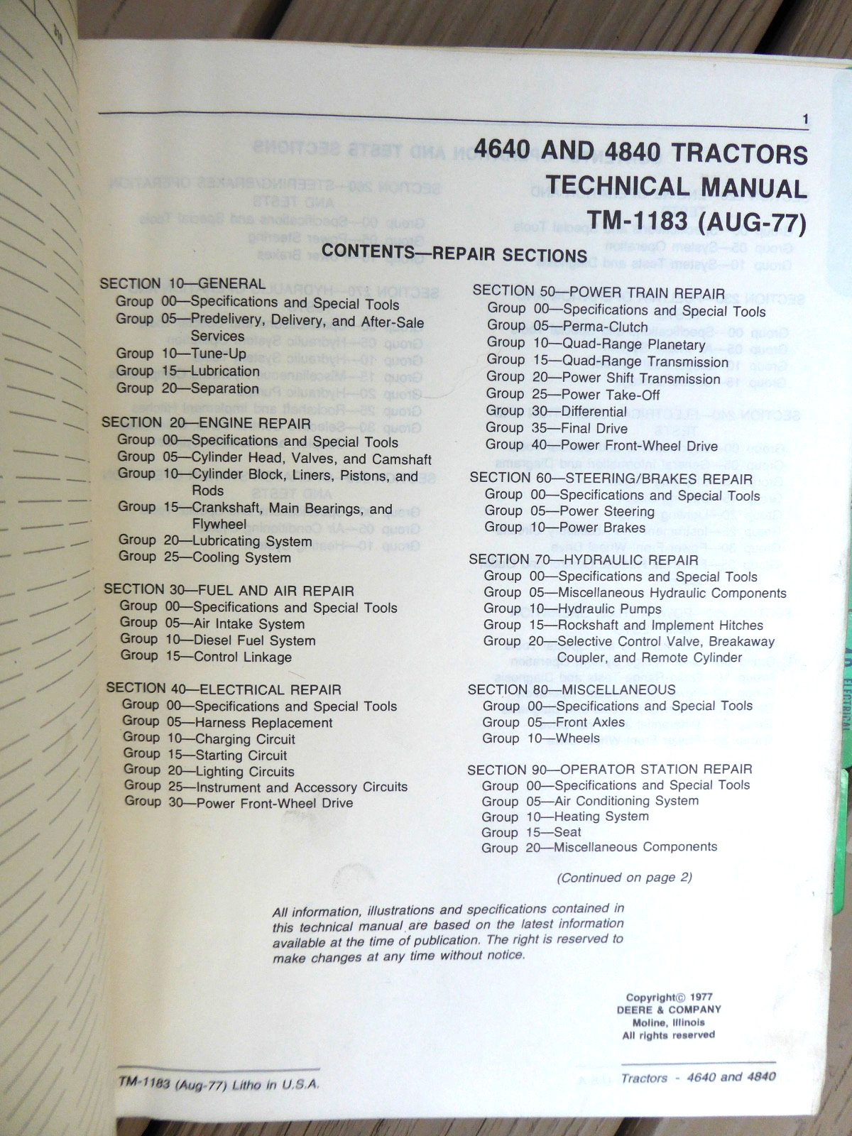 1977 John Deere 4640, 4840 Tractor Service Technical Manual Repair Shop Binder