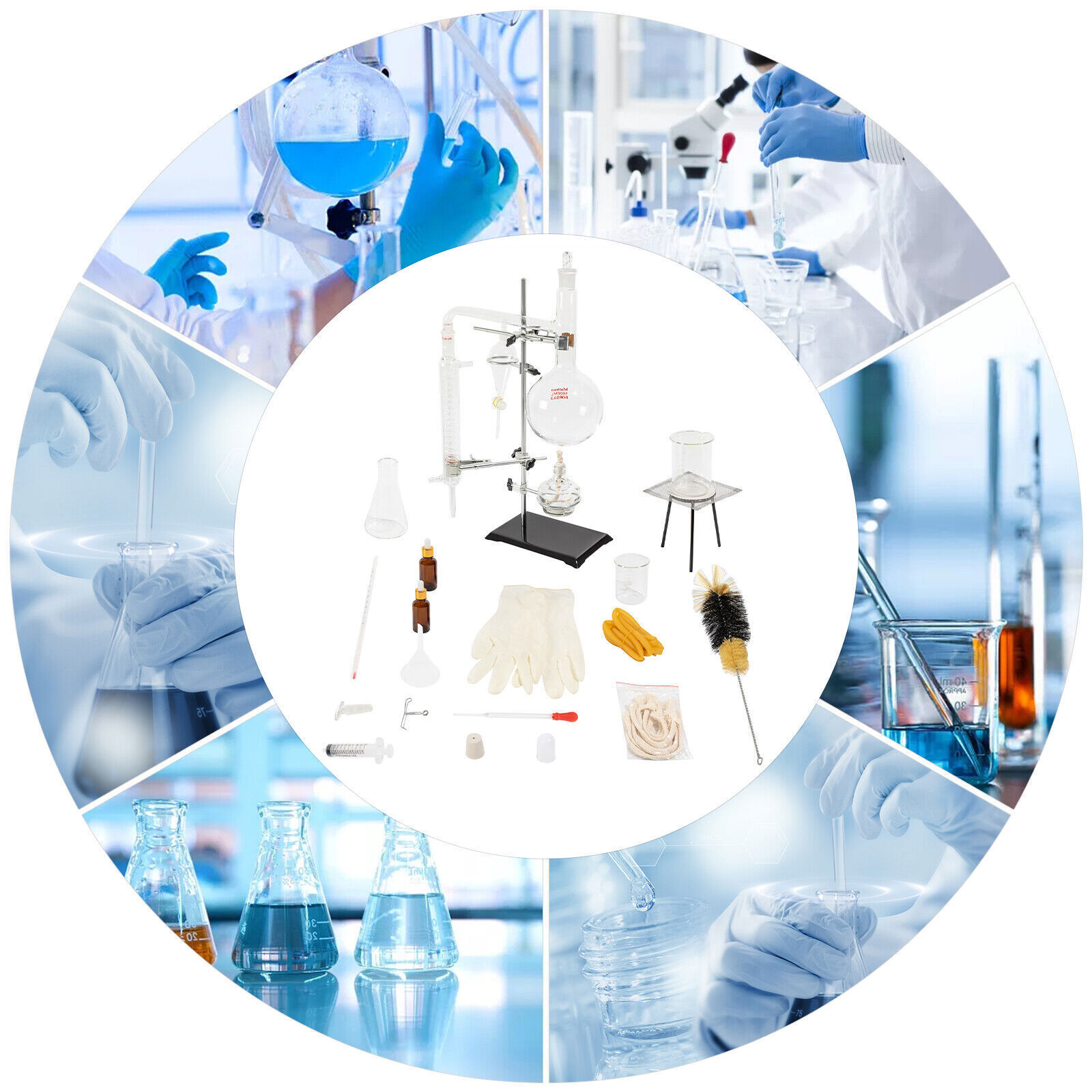 1000ml Distillation Apparatus Kit Chemistry Lab Essential Oil Distilling Glass
