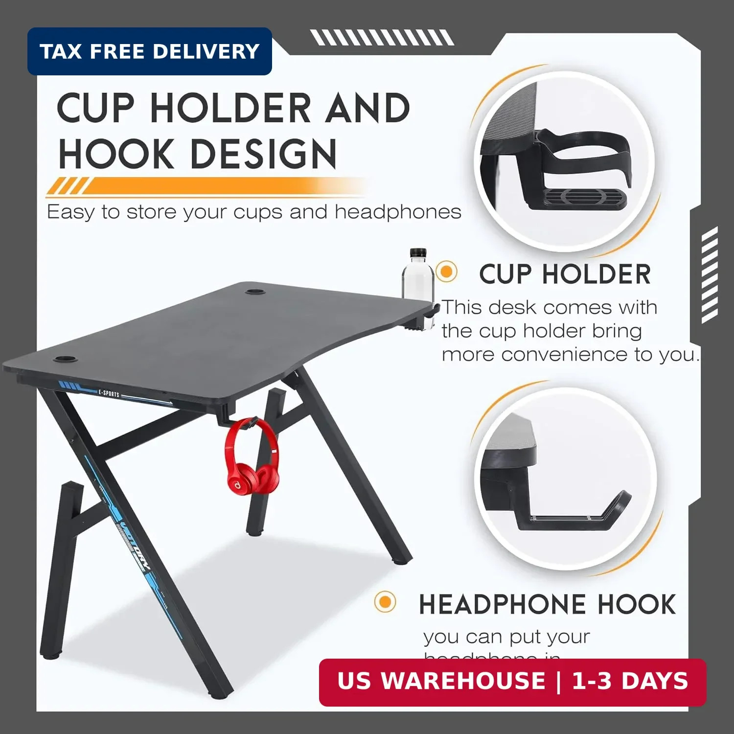 47″ Gaming Table | Blue | R-Shaped Computer Desk | with Steel Frame, Headphone H