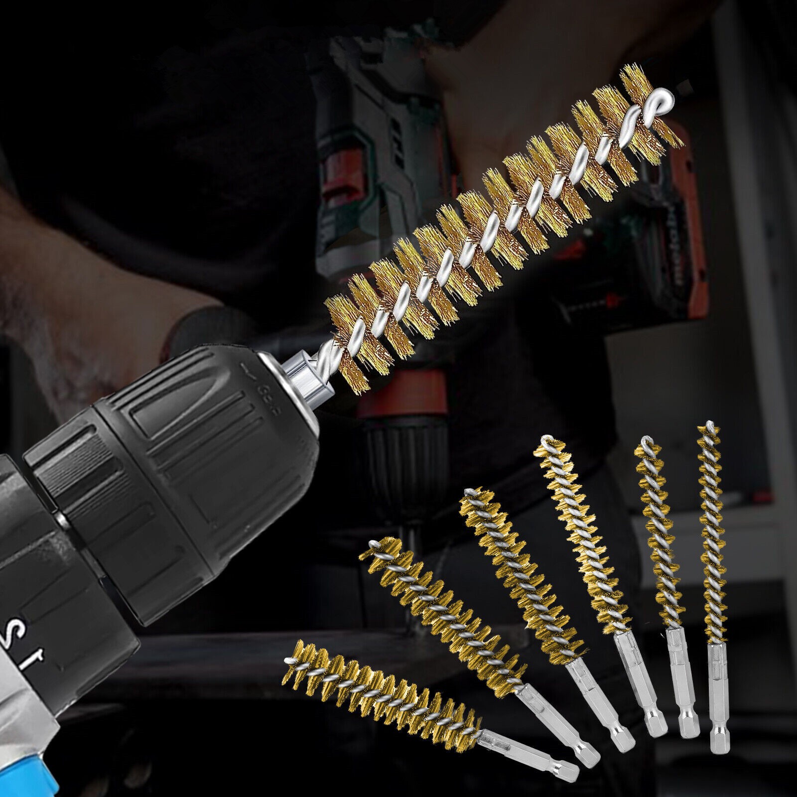 6Pcs Hex Shank Brass Bore Brush Set Power Drill For Cleaning Polishing Painting