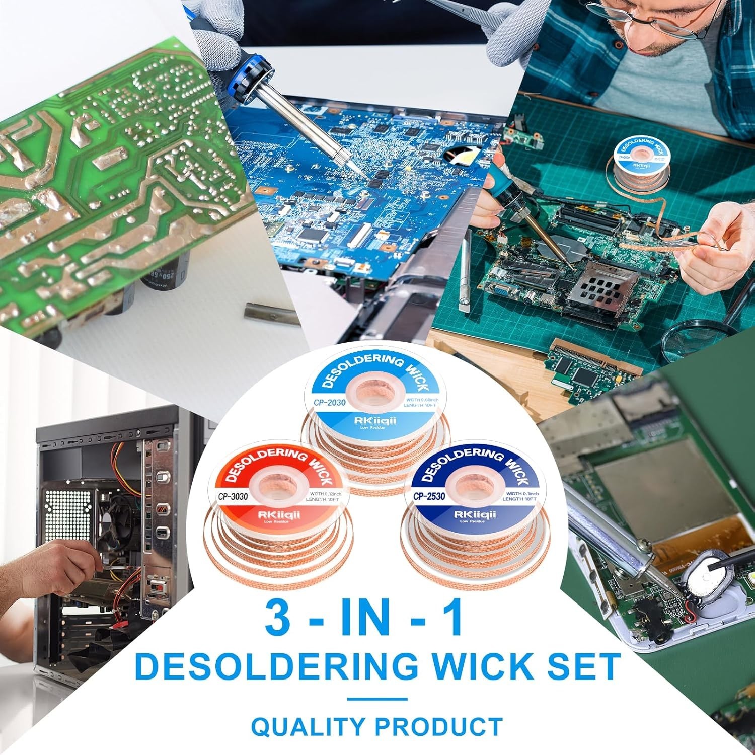 3Pcs Solder Wick Braid Kit with Flux, Low Residue Desoldering Wire 10ft Each USA