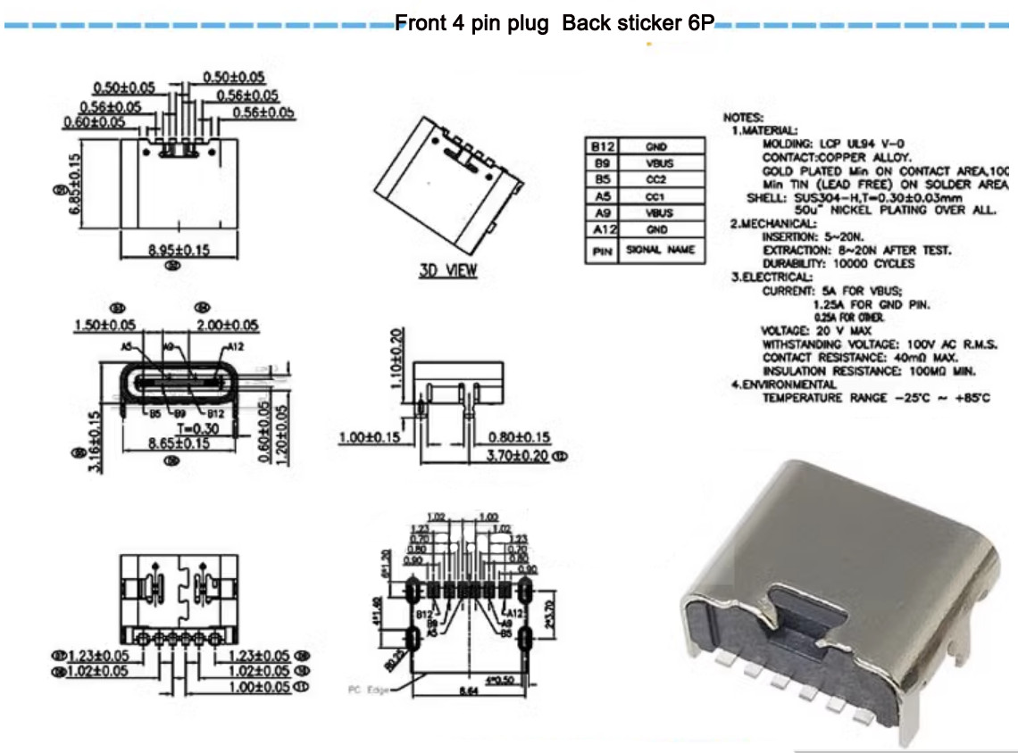 USB 3.1 Type-C SMT Female Socket Charging Port PCB Connector 6Pin 16Pin 24Pin