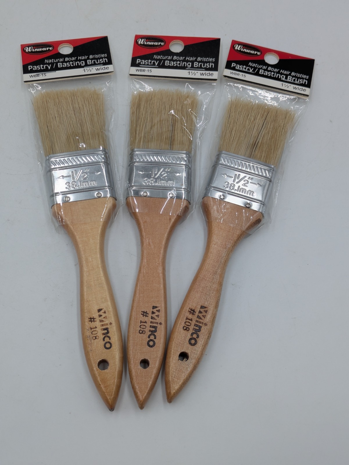 Lot of 3 Winco WBR-15 1-1/2 Natural Boar Bristles Pastry Brushes w/Wood Handle