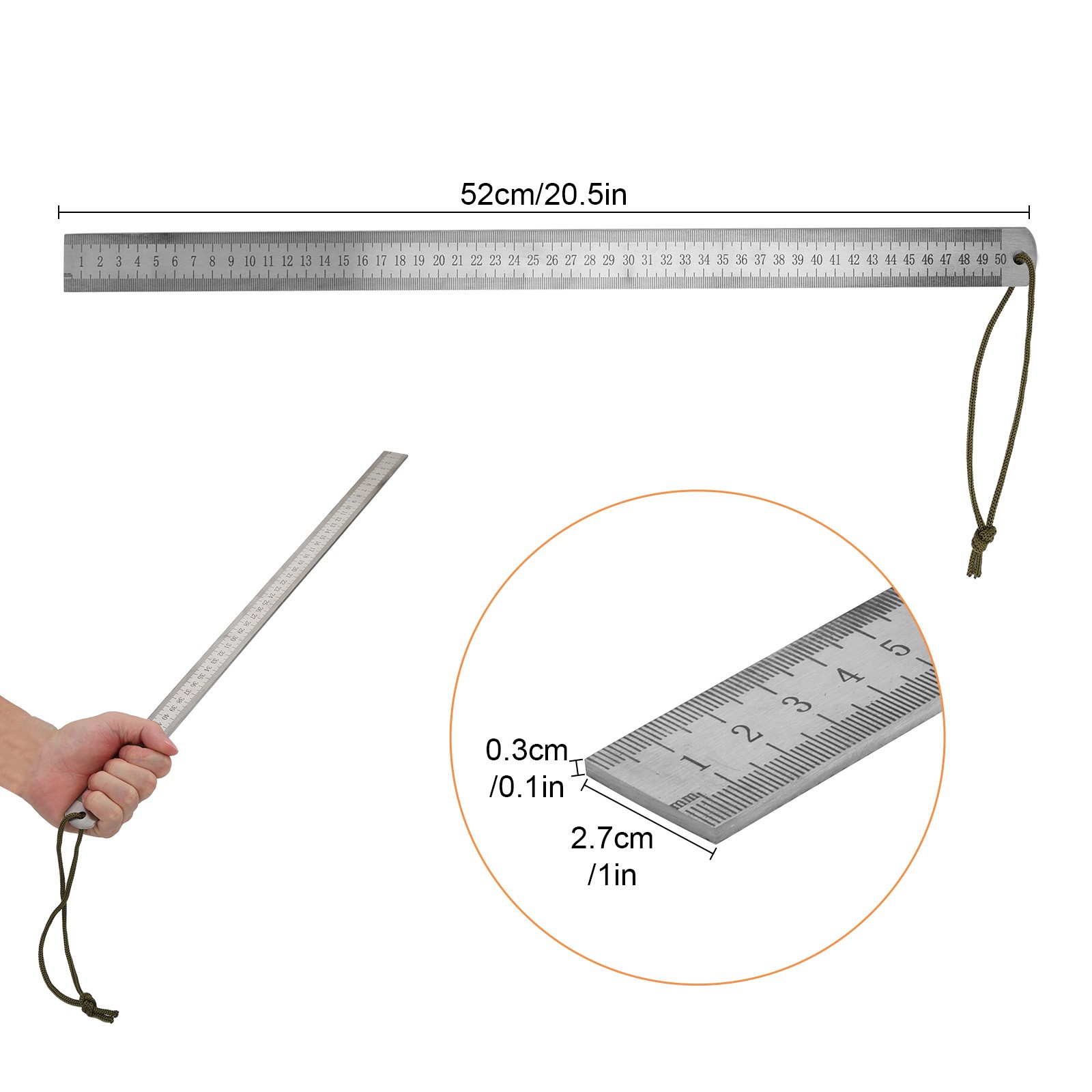 20″ Heavy Duty Stainless Steel Ruler Laser Etched Metric & Inch Straight Edge