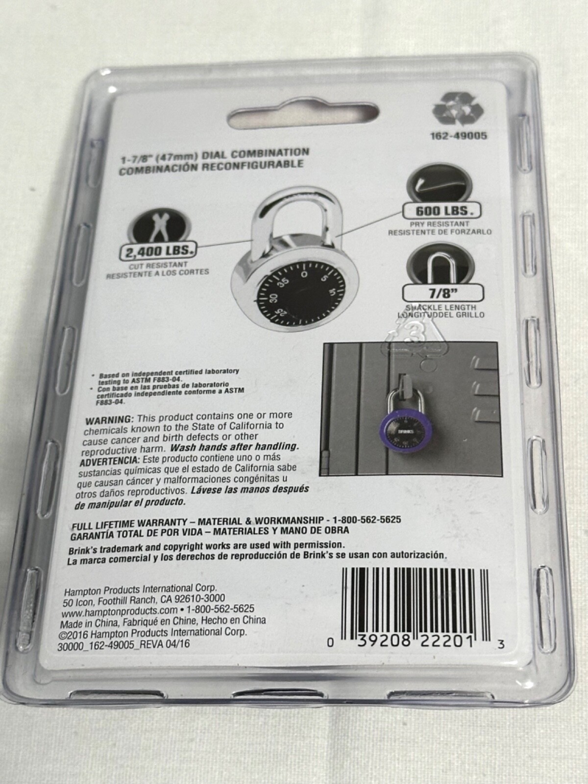 Brinks Dial Combination 40-Digit Padlock Blue 47mm 162-49005 NEW Sealed Lock