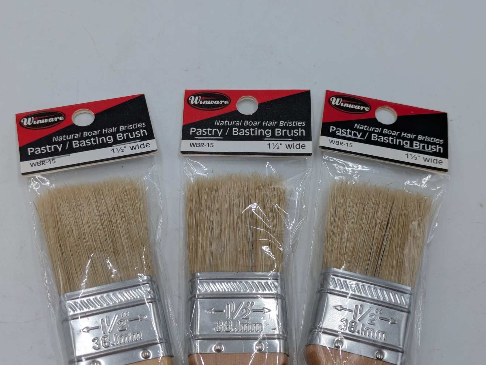 Lot of 3 Winco WBR-15 1-1/2 Natural Boar Bristles Pastry Brushes w/Wood Handle