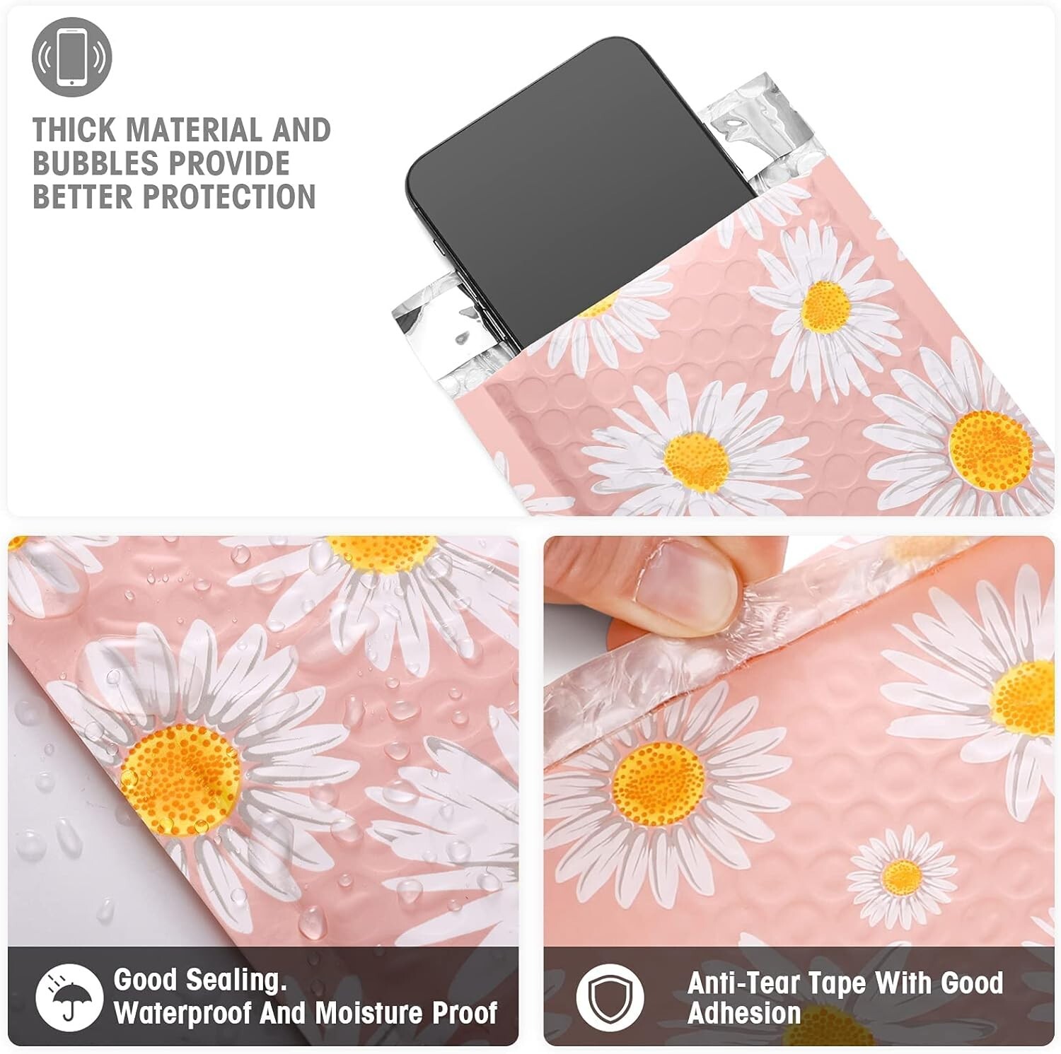 Poly Bubble Mailer 4×8″ 100pcs Padded Envelope Mailing Bags 4×7 Pink Daisy #000