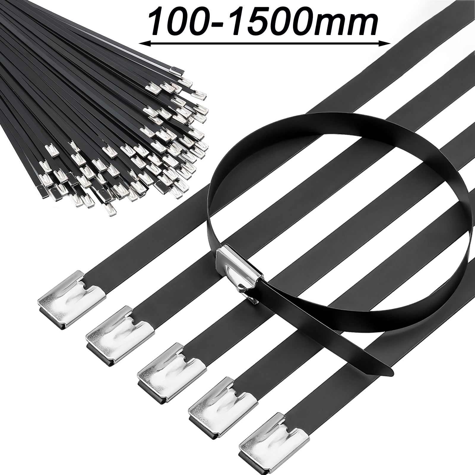 Metal Zip Ties Black Stainless Steel Heavy Duty Self-Locking Cable Ties 100PCS