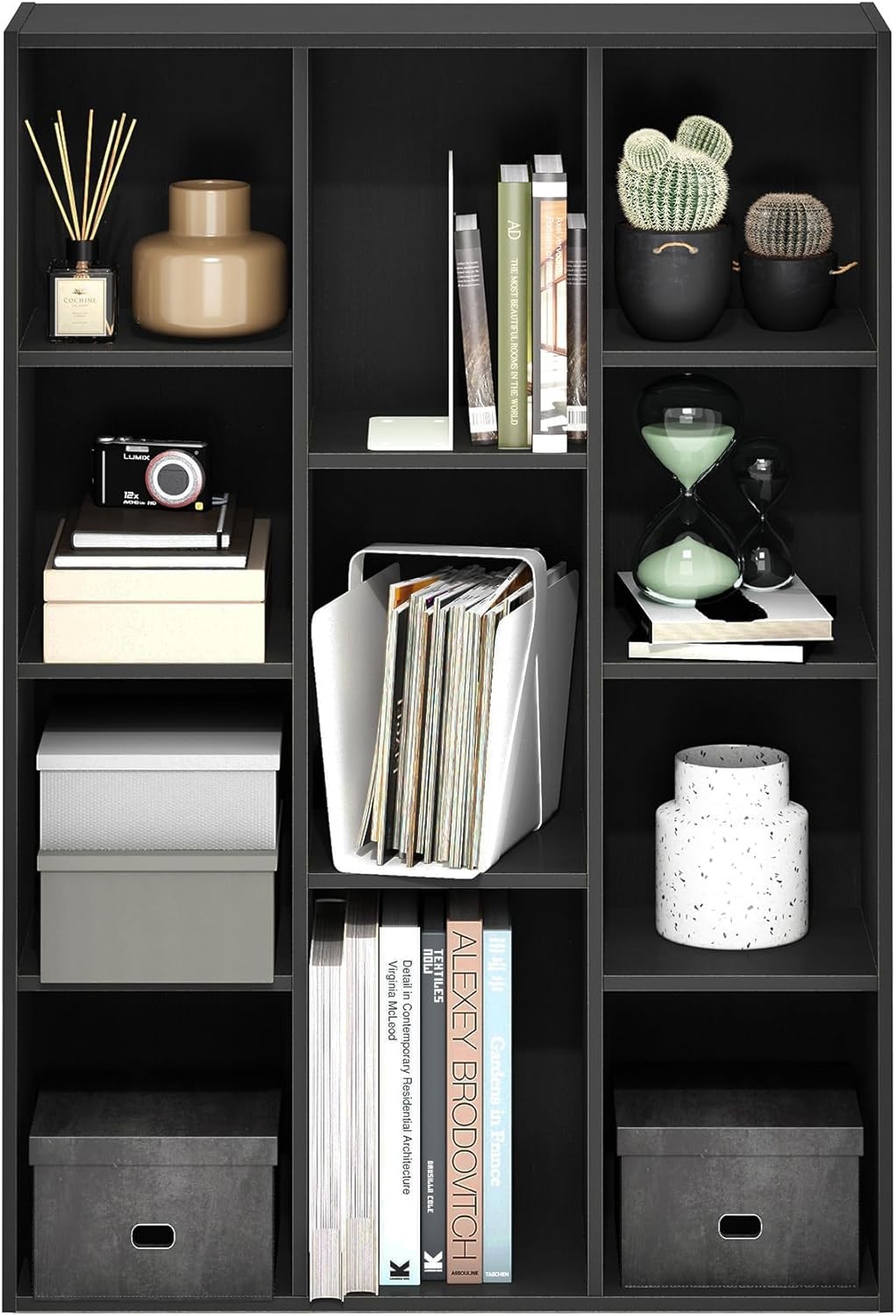 11-shelf reversible bookcase, black wood finish