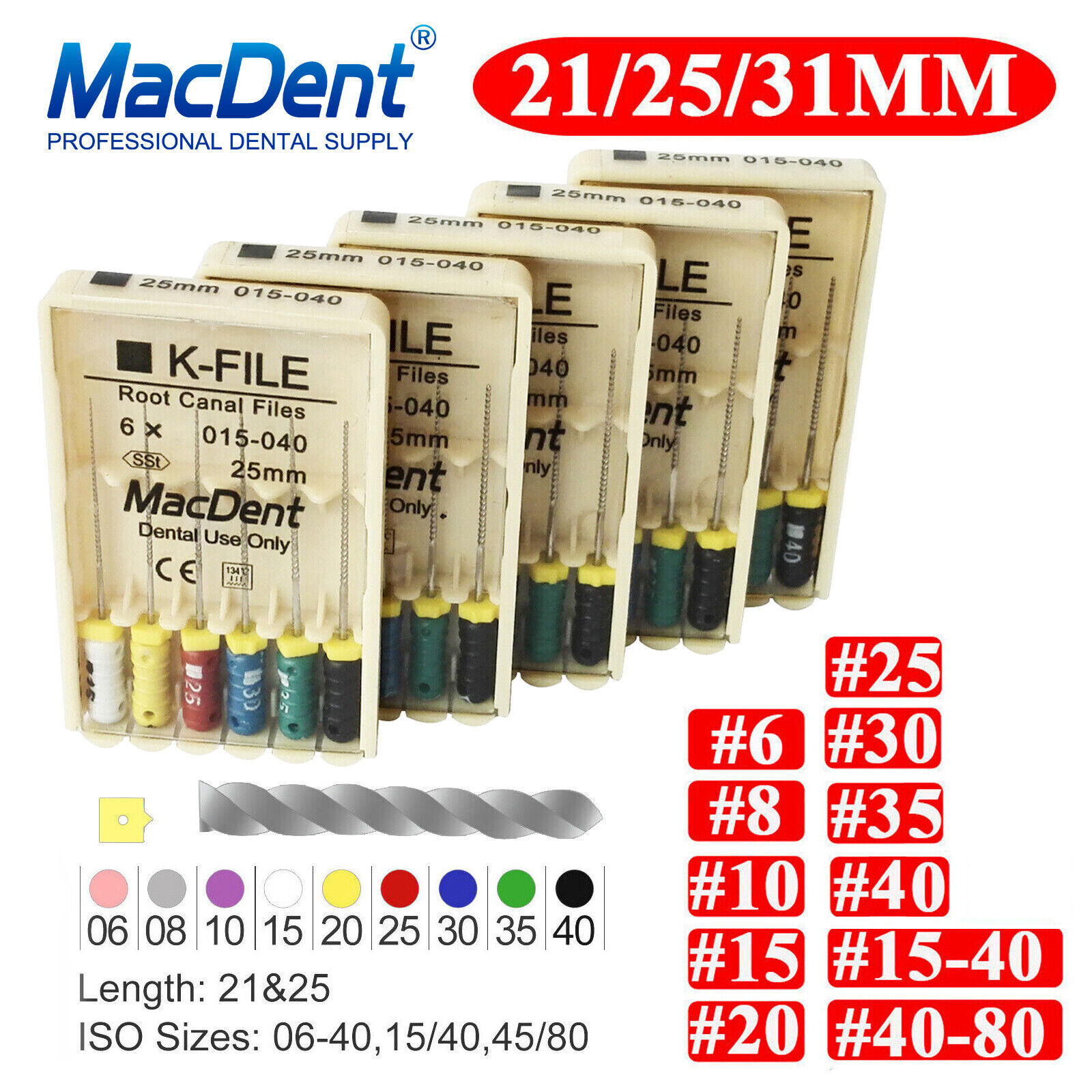 MacDent Limas de endodoncia manual dental K-Files acero inoxidable 21/25/31mm