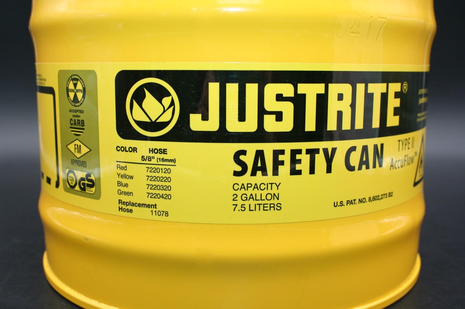 One (1) JUSTRITE 7220220 (ULINE H-1849Y) Safety Can, 2-Gallon, Yellow, Diesel