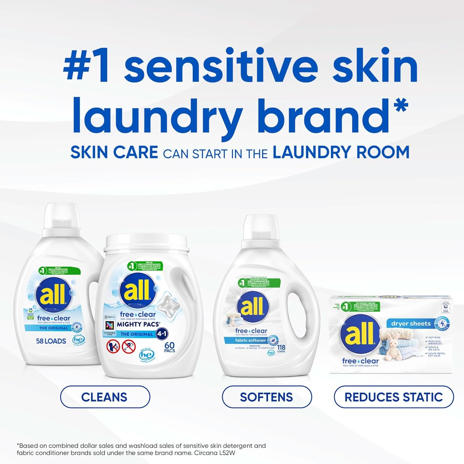 All Free Clear Unscented Fabric Softener Dryer Sheets, 195 Count