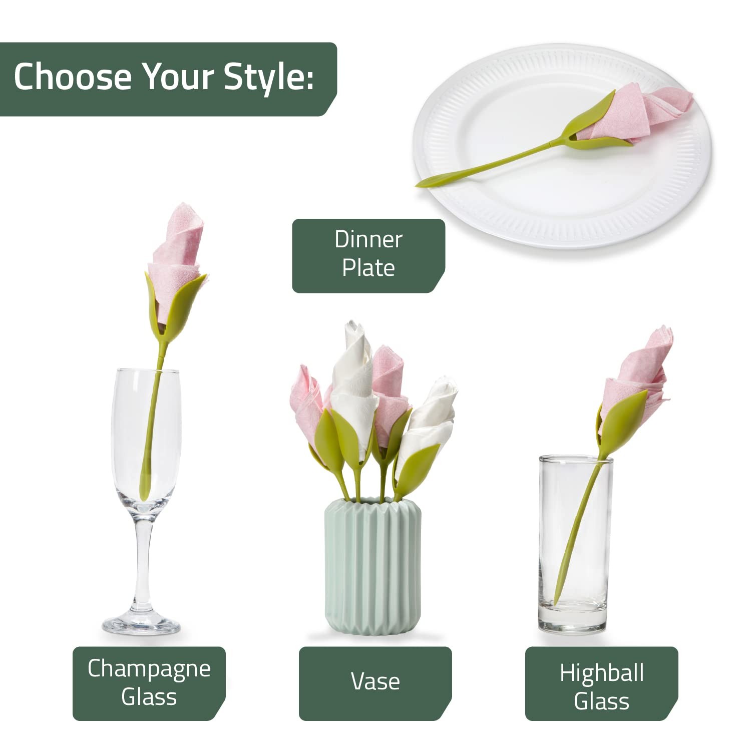 Peleg Design Bloom Napkin Holders for Tables, Set of 4 Green Stemmed Plastic Twi