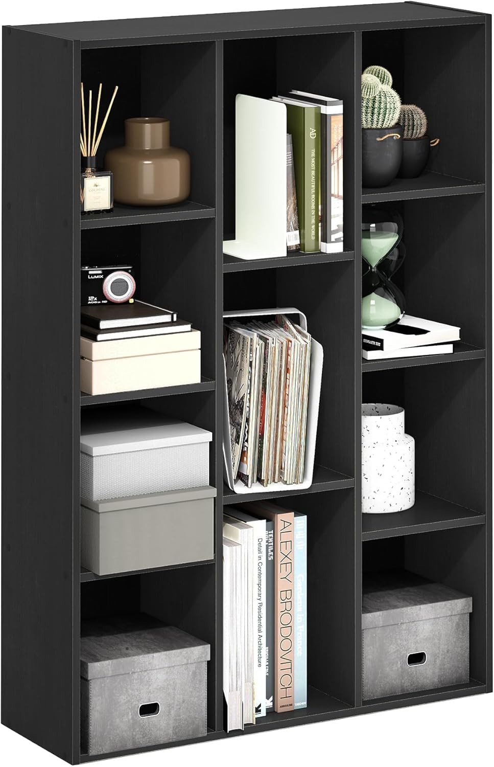 11-shelf reversible bookcase, black wood finish