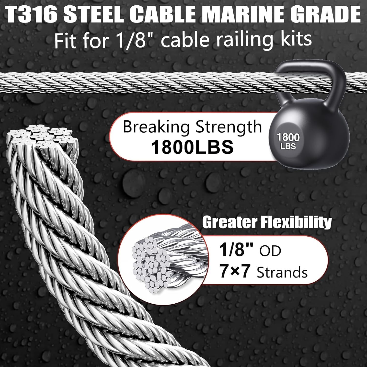 650FT 1/8″ T316 Stainless Steel Cable 7×7 Marine Grade Railing Wire 1800lbs ASTM