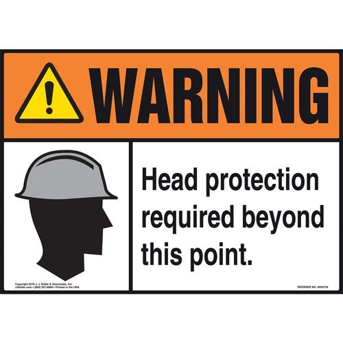 Metal Sign WARNING Head Protection Required Beyond This Point ANSI graphic