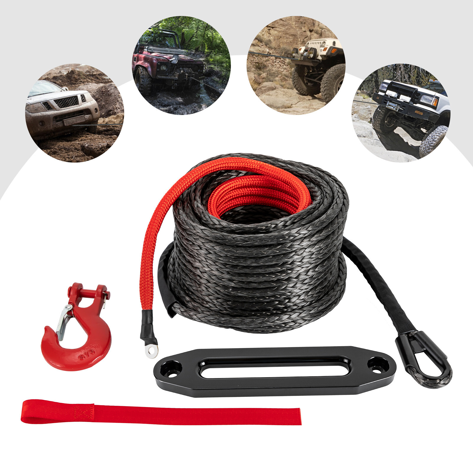 Lightweight Synthetic Winch Rope with Hook – 23809 lbs Breaking Strength