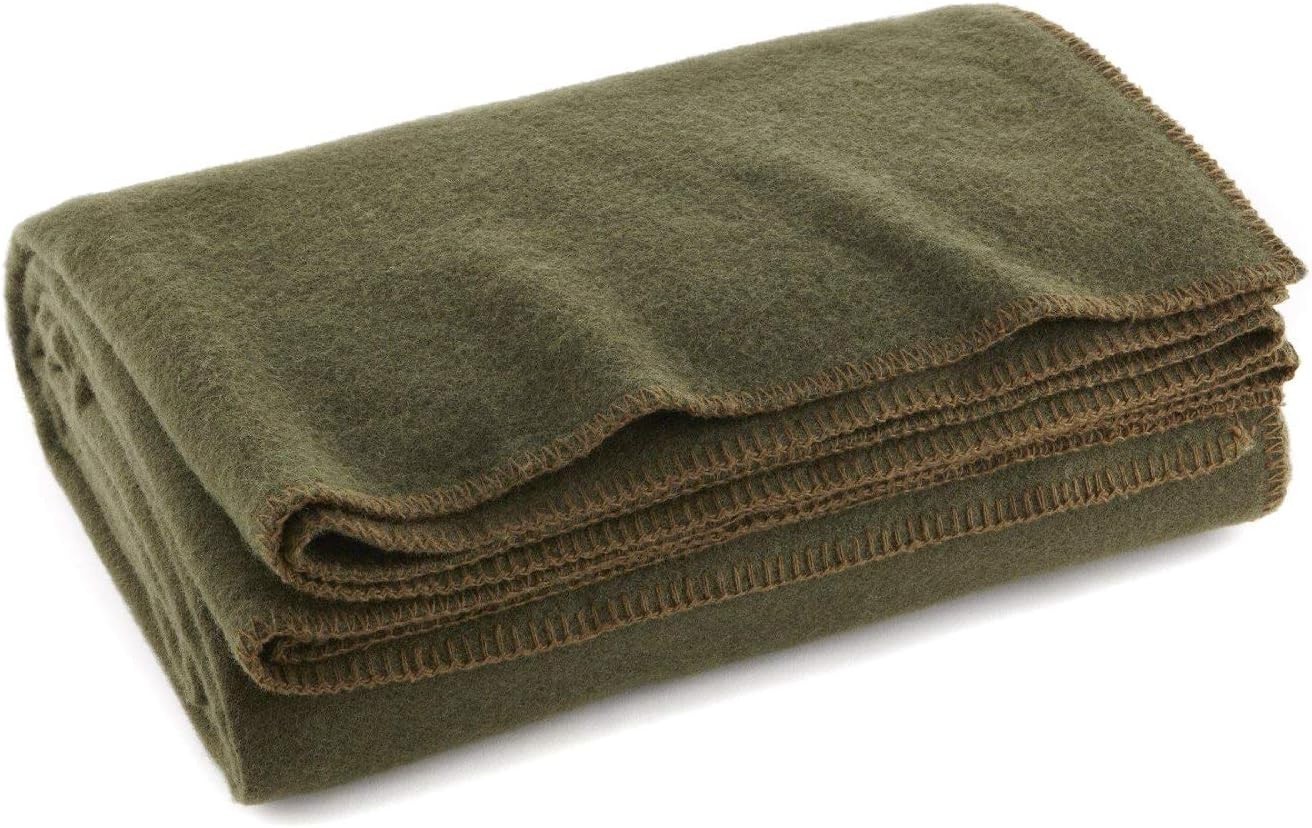 Olive Green Warm Fire Retardant Wool Blanket, 66″ x 90″ – Perfect for Camping