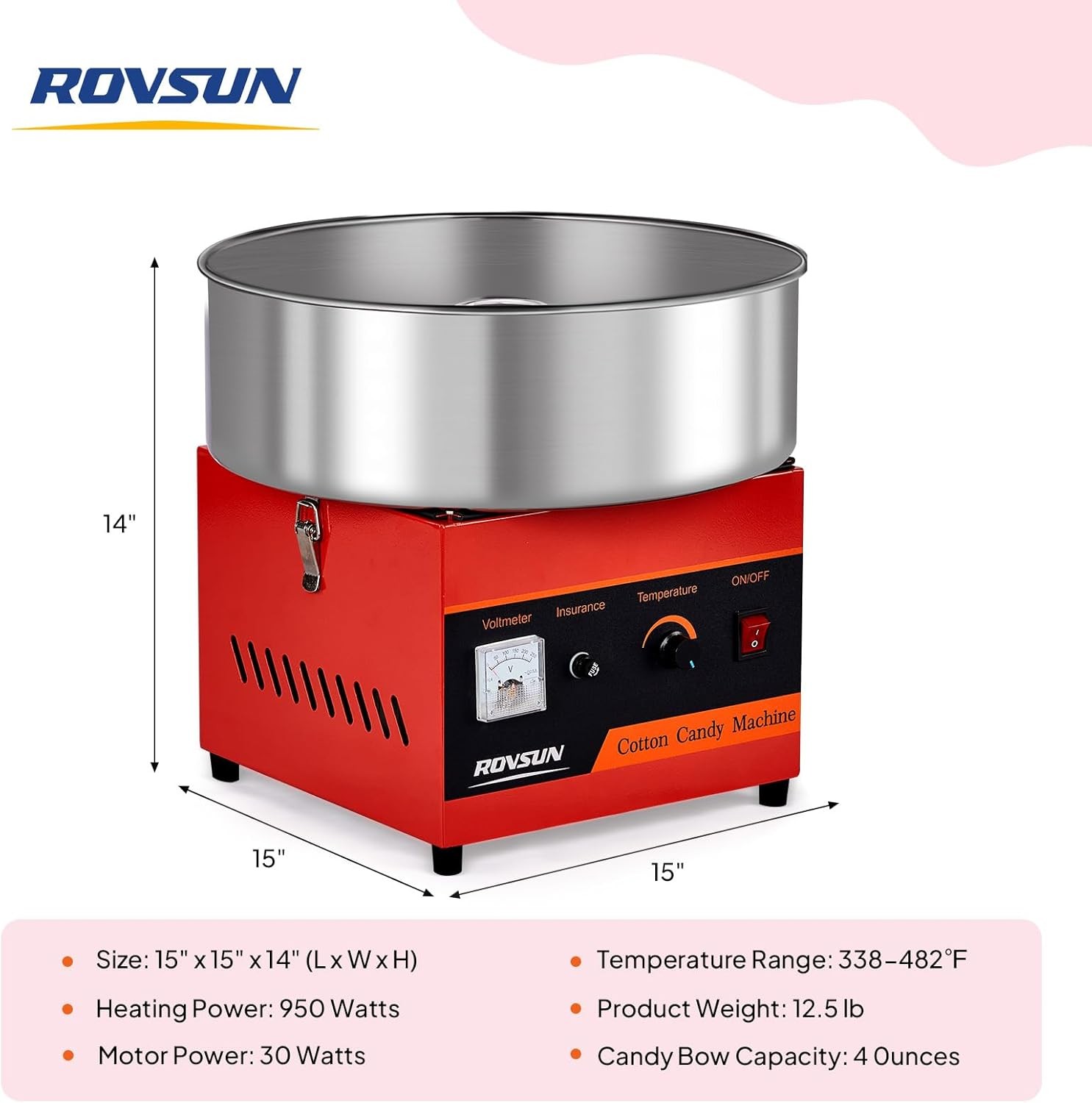 ROVSUN 15″ Commercial Cotton Candy Machine Maker Floss Pink 980W Family Party
