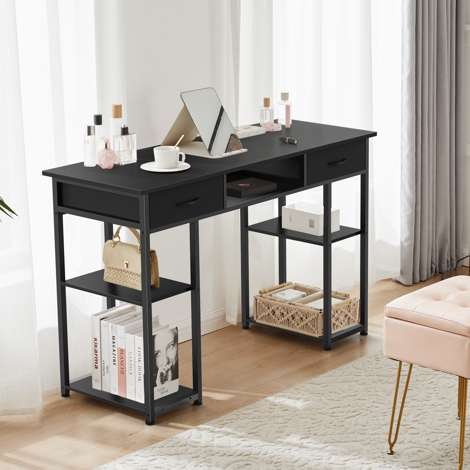 Computer Desk Home Office Table with PC Stand, Fabric Drawers Headphone Hook