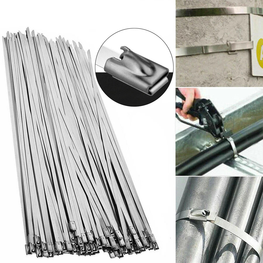 100PCS 150mm Metal Zip Ties Stainless Steel Heavy Duty Self-Locking Cable Ties