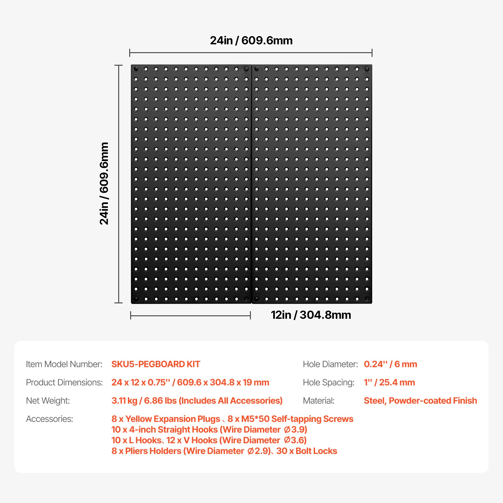 VEVOR Metal Pegboard Panels 2Pcs 24″ x 12″Wall Organizer for Garage Tool Storage