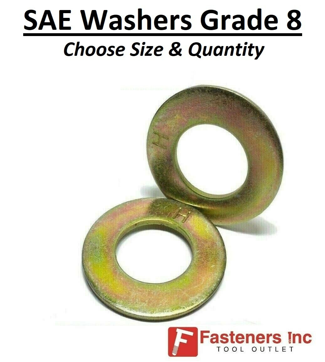 SAE Flat Washers Thru-Hardened Grade 8 Yellow Zinc (Choose Size & Qty)