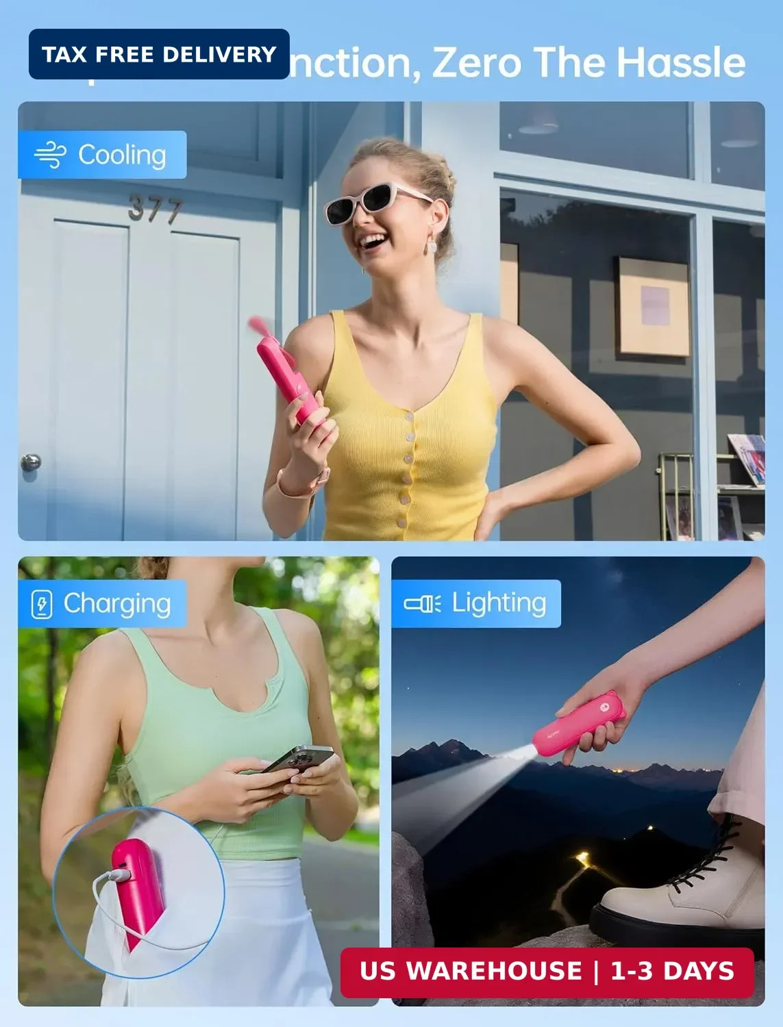 3 in 1 Handheld Mini Fan USB Rechargeable Power Bank Flashlight Travel
