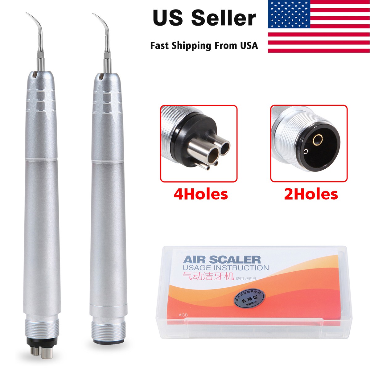 USA Dental Ultrasonic Air Perio Scaler Handpiece Hygienist 2 & 4-Holes 3 Tips CE