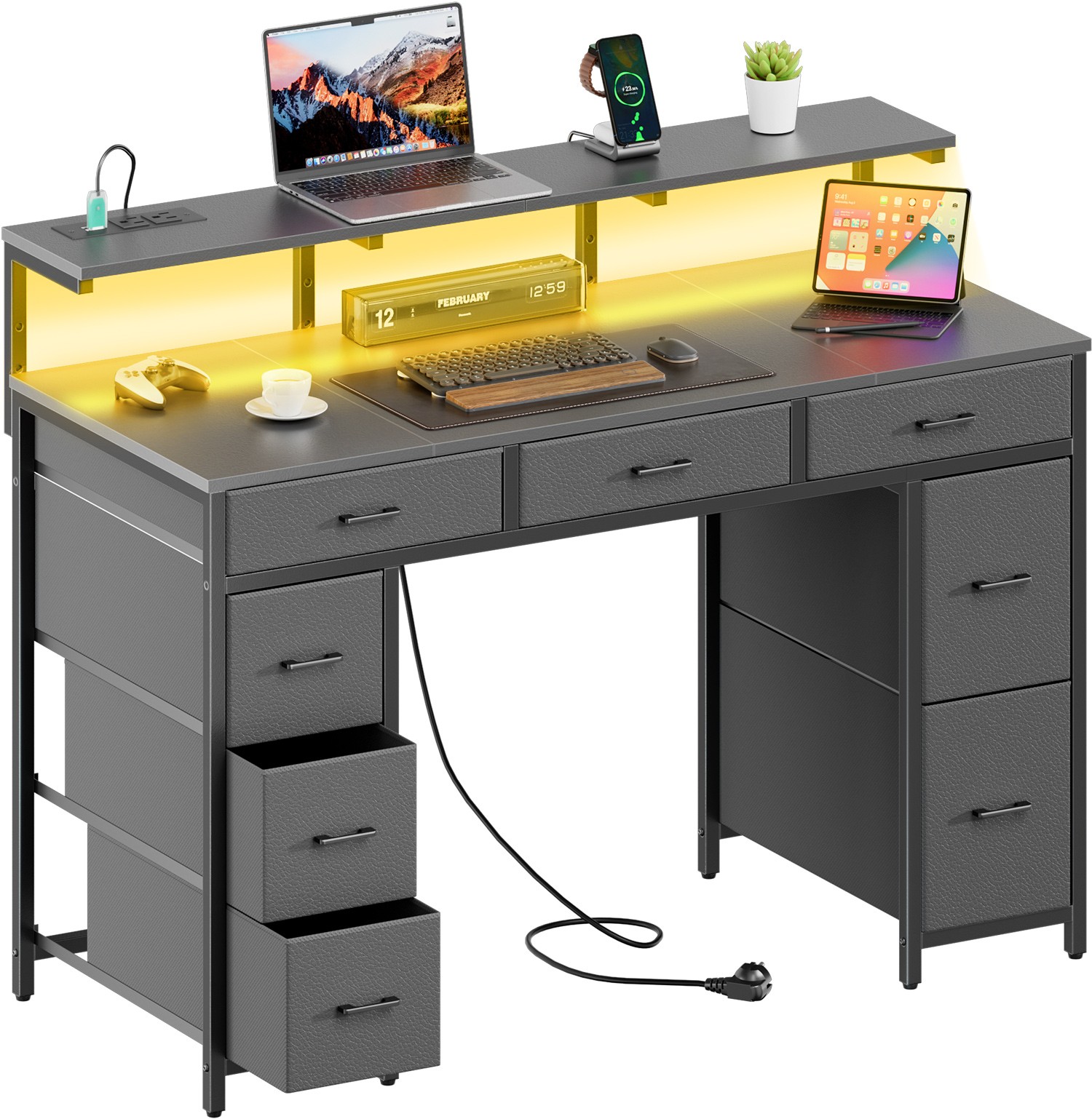 47 inch Computer Desk with 8 Drawers & Power Outlets, Home Office Desk with LED