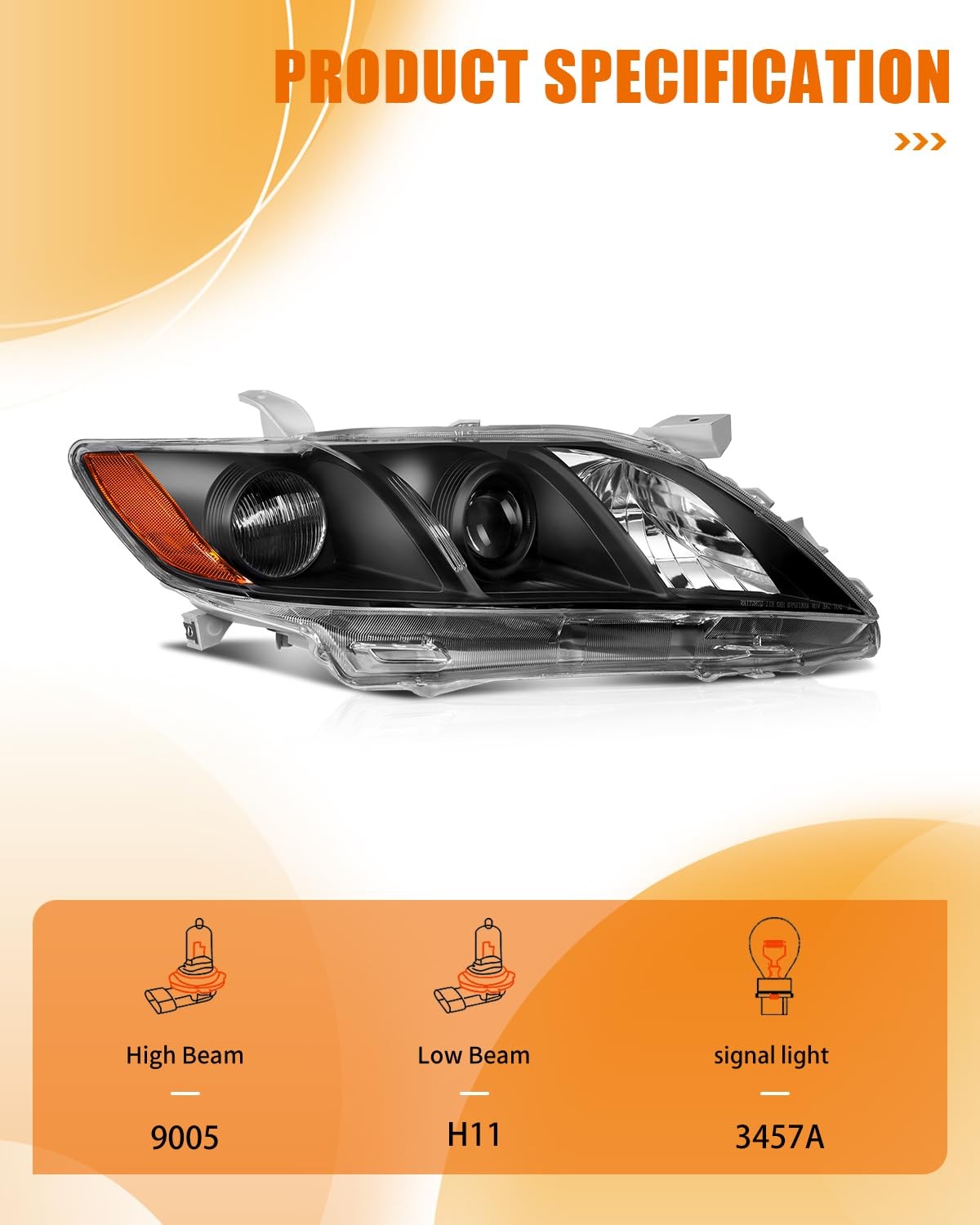 Toyota Camry 2007-09 Headlight Assembly Pair Black Housing Clear Lens 8113033652