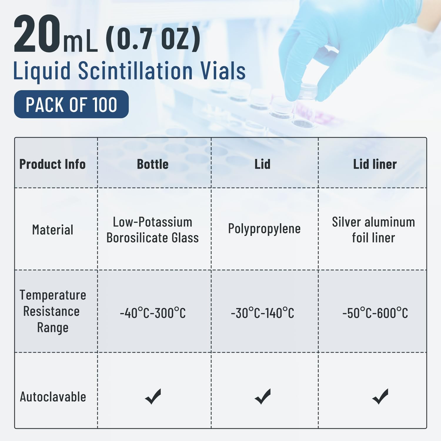 100/500Pcs 20ml Scintillation Vials Transparent Borosilicate Glass Counting Vial