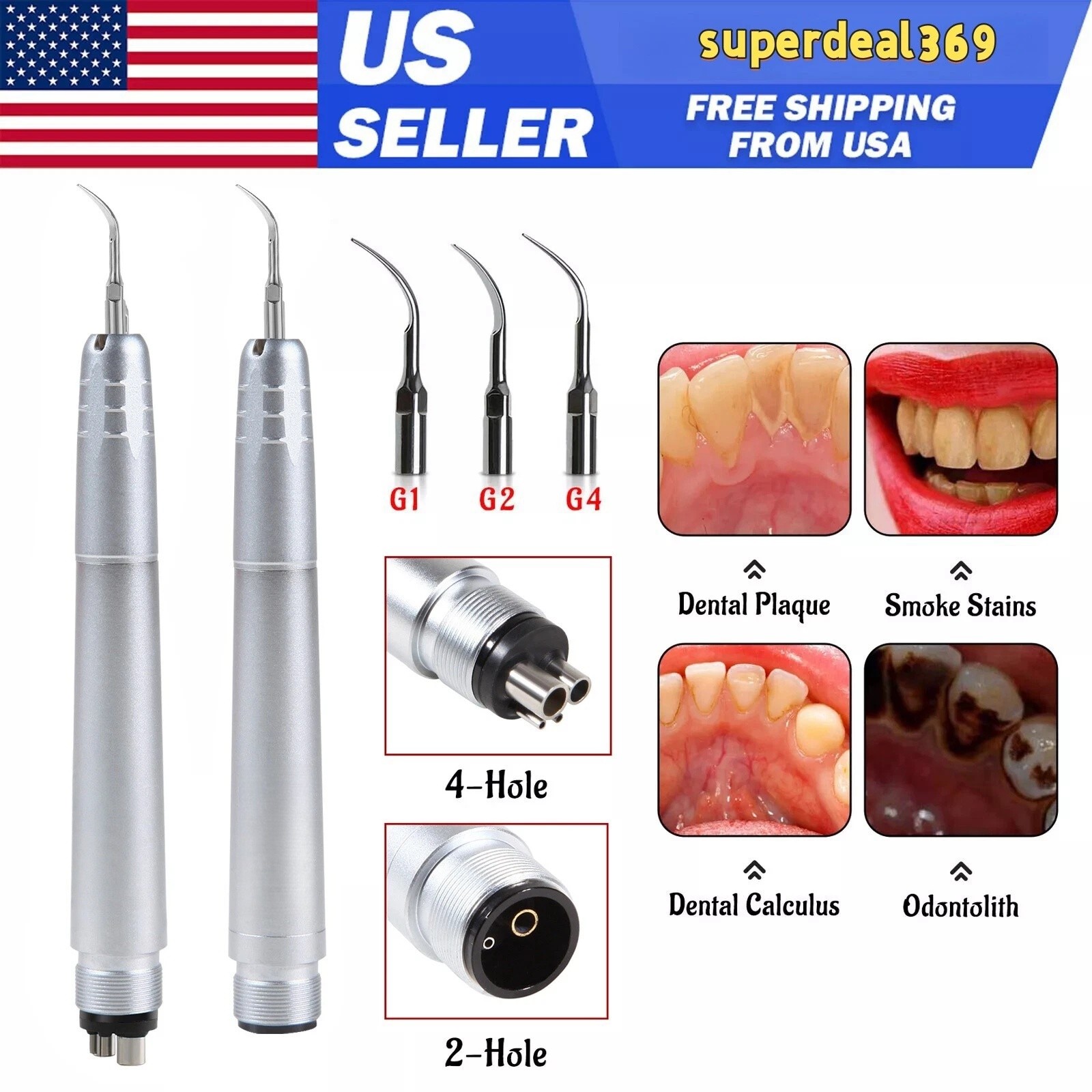 USA Dental Ultrasonic Air Perio Scaler Handpiece Hygienist 2 & 4-Holes 3 Tips CE