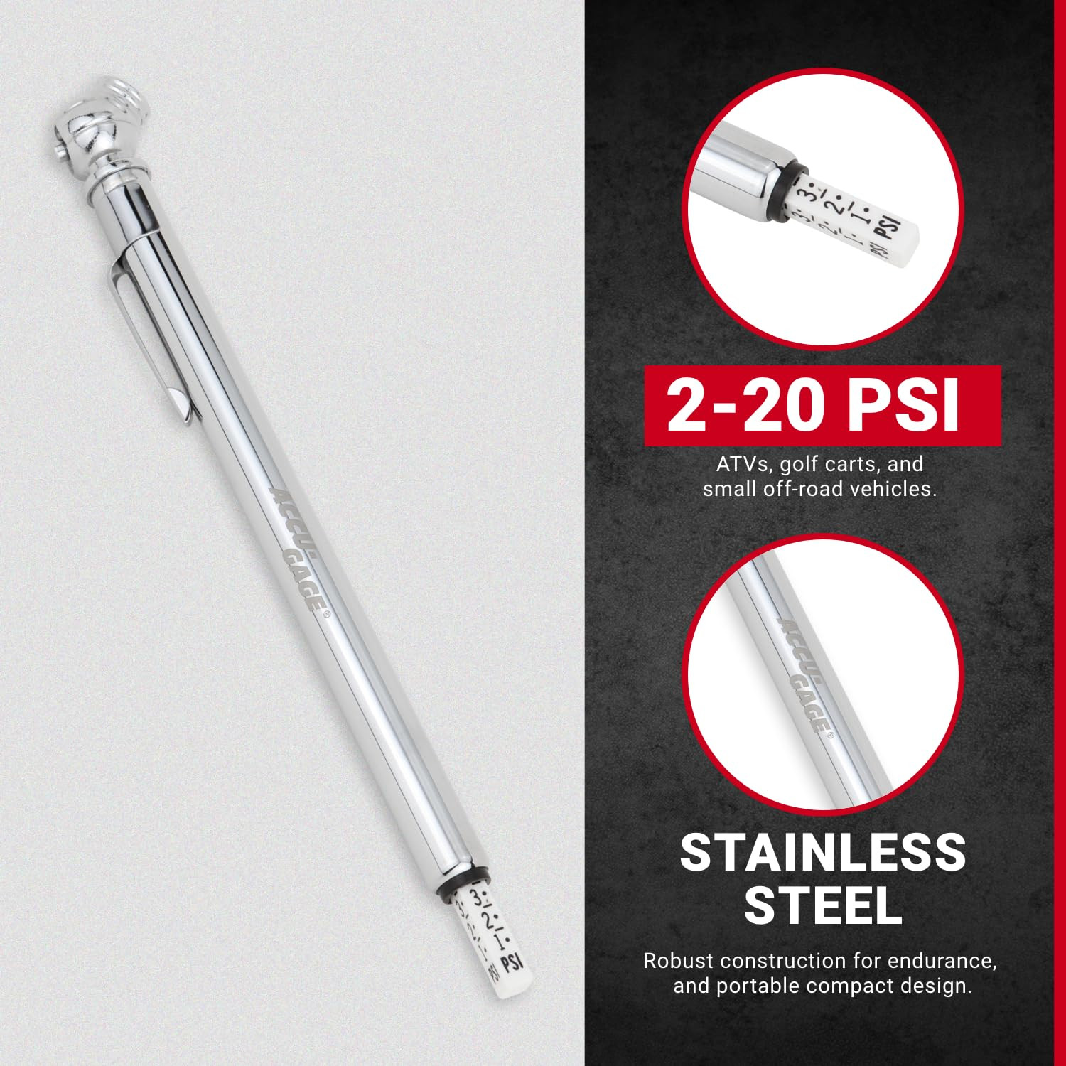 Pencil Tire Pressure Gauge (2-20 PSI) Heavy Duty Stainless Steel Low Pressure Ga