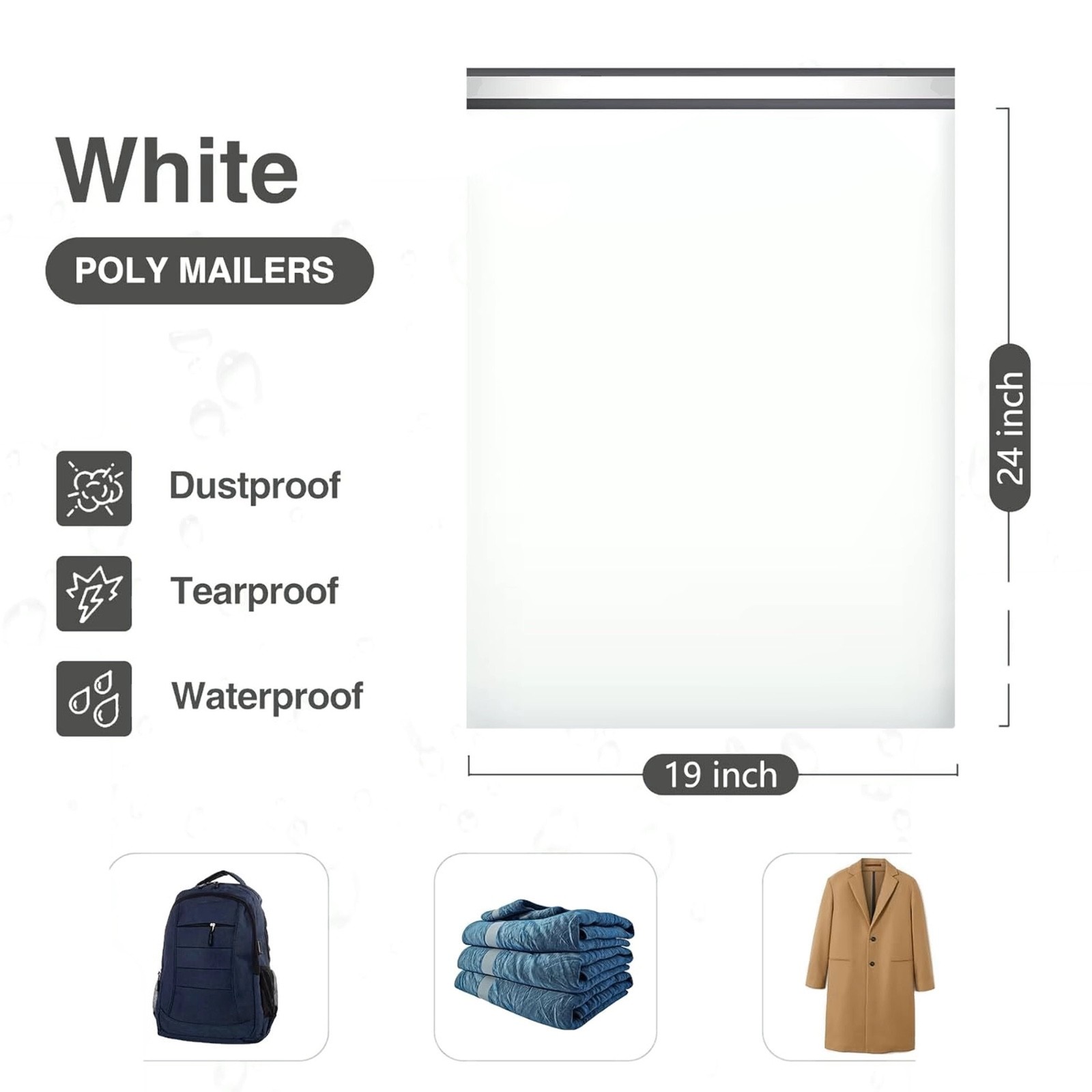 “50 COUNT” LARGE POLY MAILERS 19″x24″ White, SELF SEALING SHIPPING BAGS, 2.5 MIL