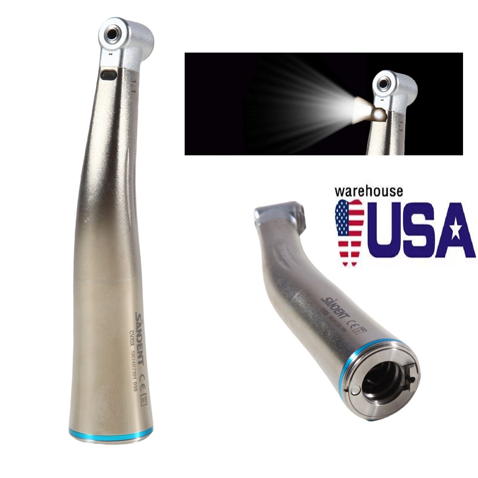 Dental LED Light Fiber Optic Contra Angle 1:1 Low Speed Handpiece DS USA