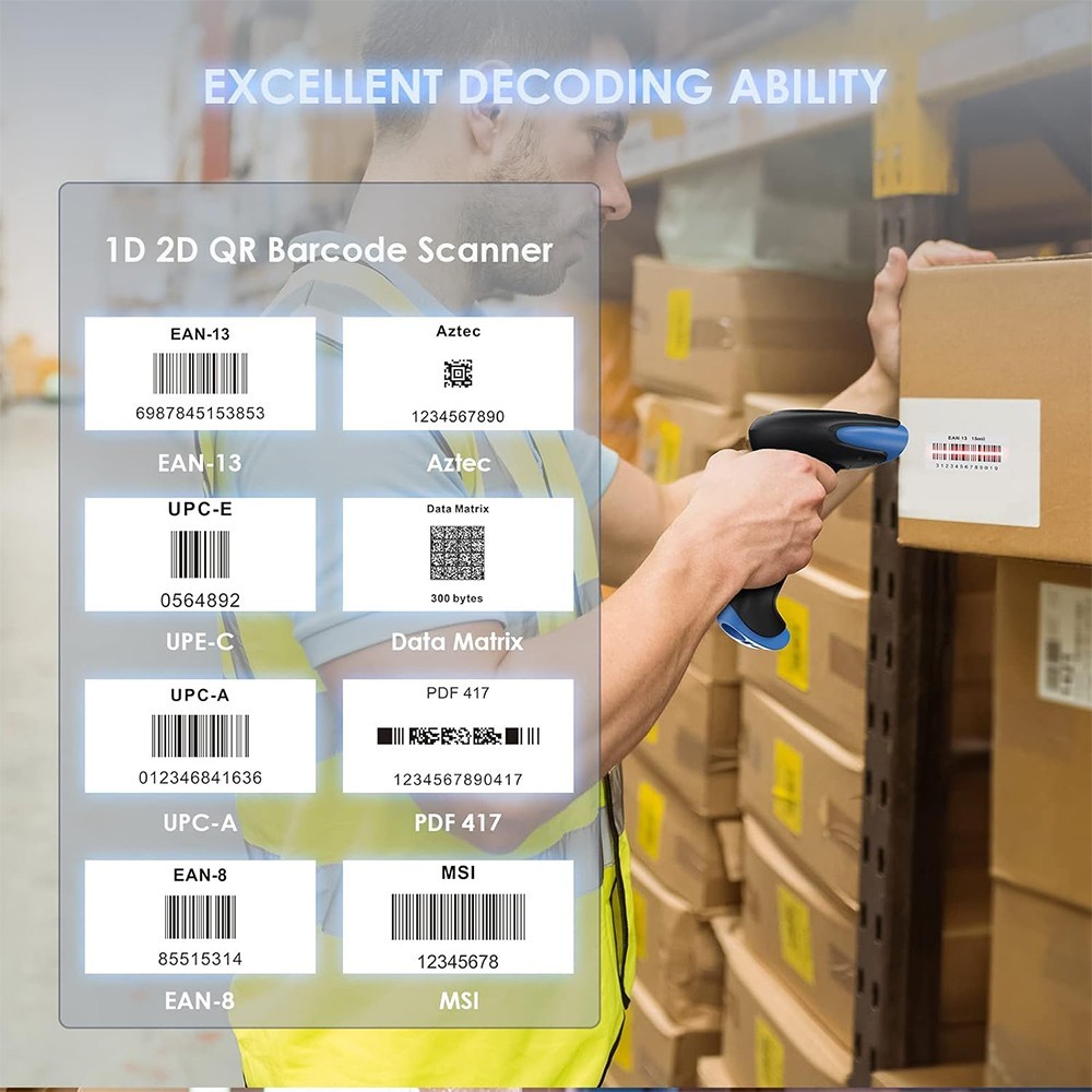 2D Bluetooth Wireless Barcode Scanner Handheld Cordless USB QR Code Reader Blue