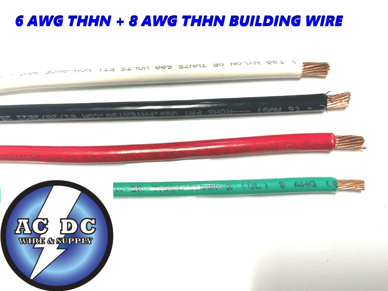 90′ EA THHN THWN 6 AWG GAUGE BLACK WHITE RED COPPER WIRE + 90′ 8 AWG GREEN