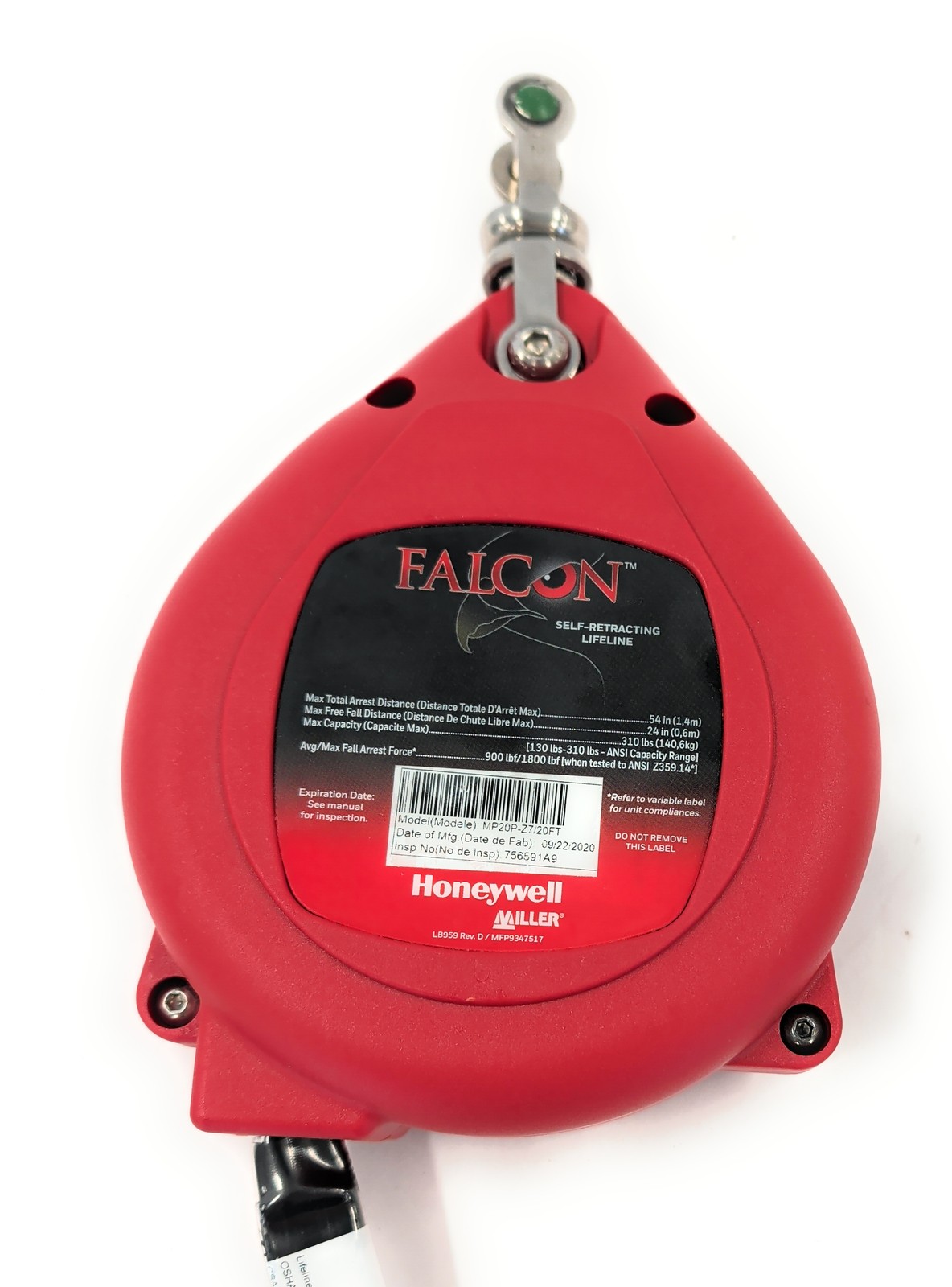 Miller Falcon MP20P-Z7/20FT Self-Retracting Lifeline 20ft 400lb Capacity SRL