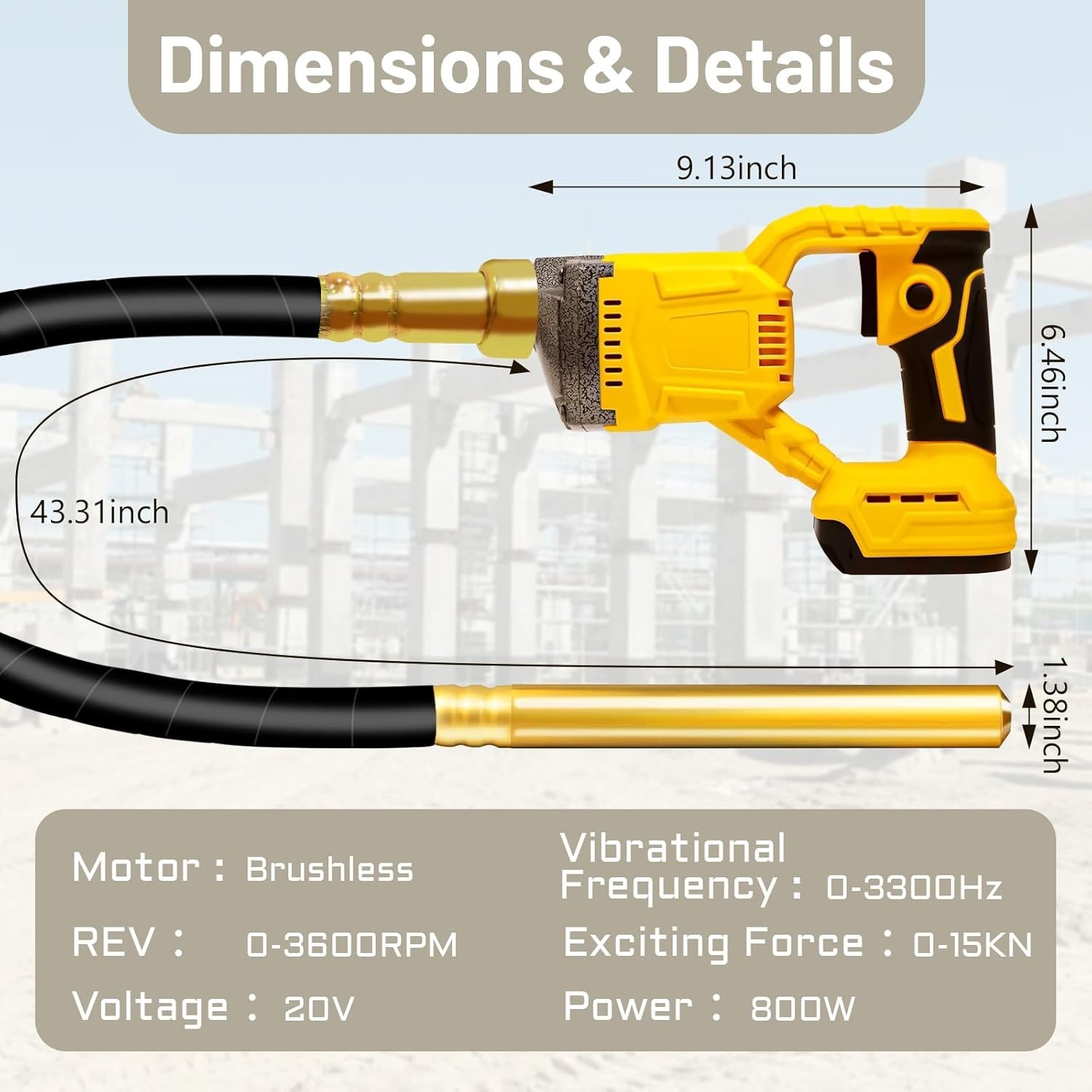 Handheld Concrete Vibrator 20V Cordless 800W 3.8ft Shaft Dewalt Compatible