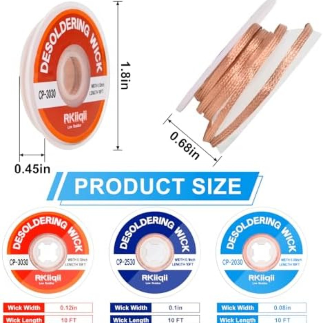 3Pcs Solder Wick Braid Kit with Flux, Low Residue Desoldering Wire 10ft Each
