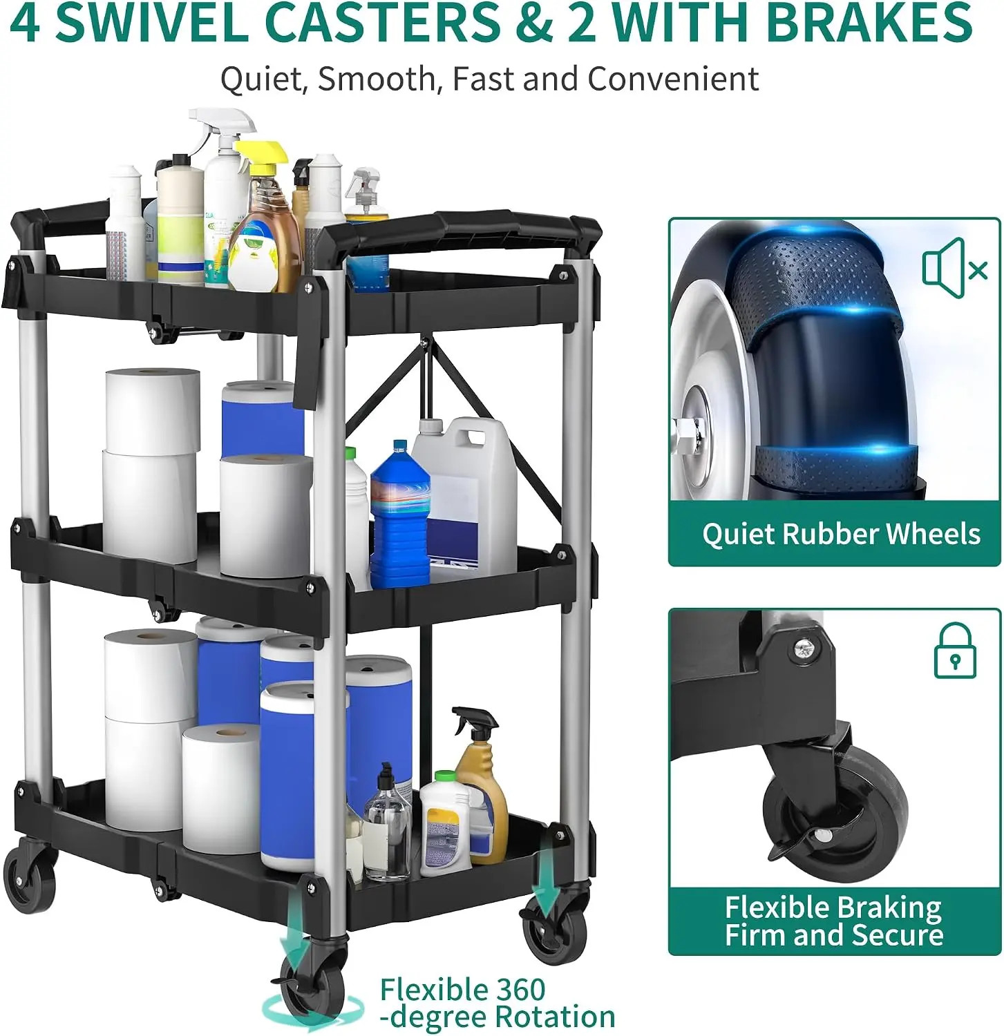 300 LBS Folding Service Cart 3 Tier Portable Cart w/Wheels&Tool Side Mount Strap