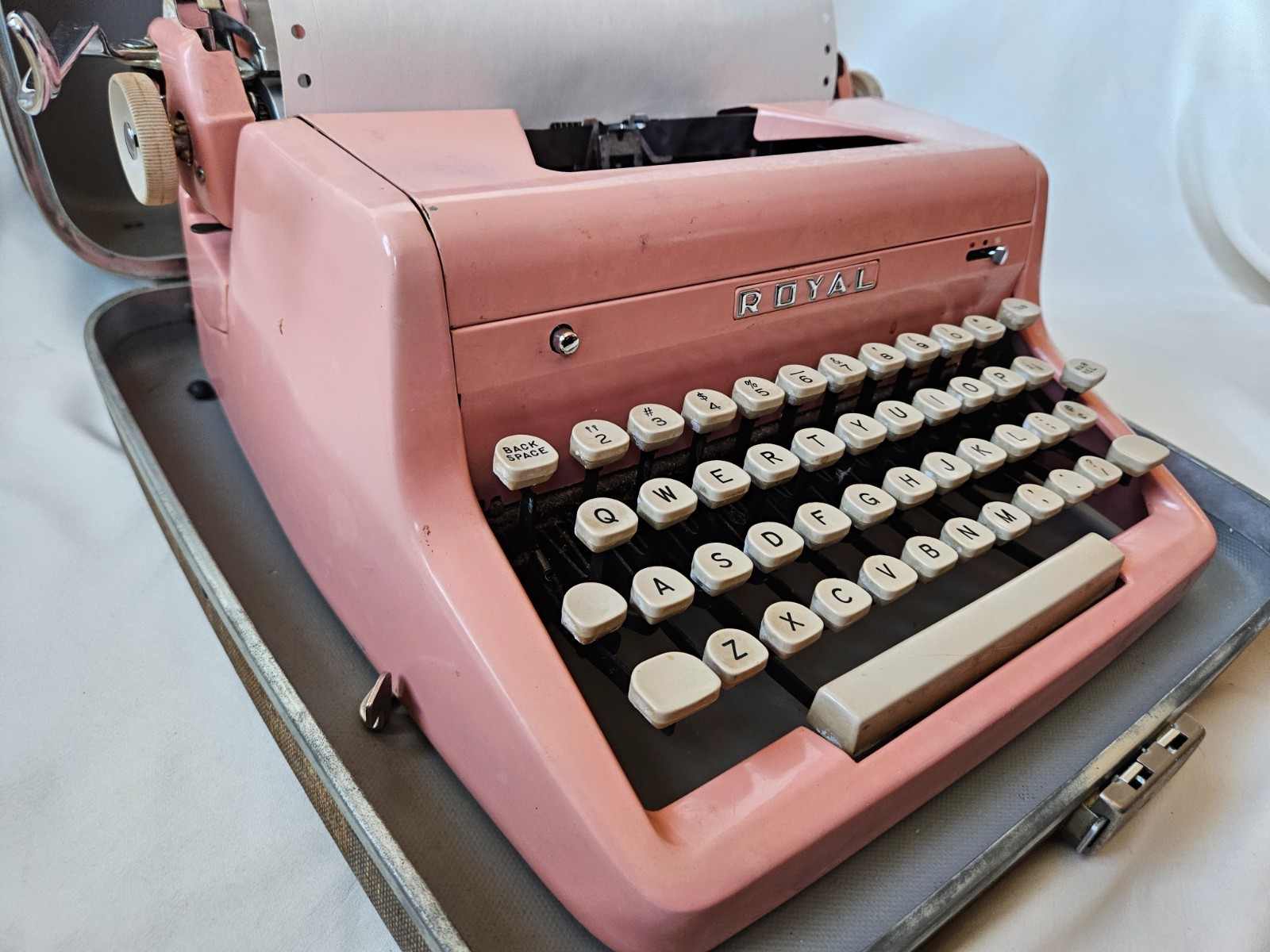 Authenic 1950s Bubble Gum Pink Royal Quiet DeLuxe Typewriter with Carrying Case